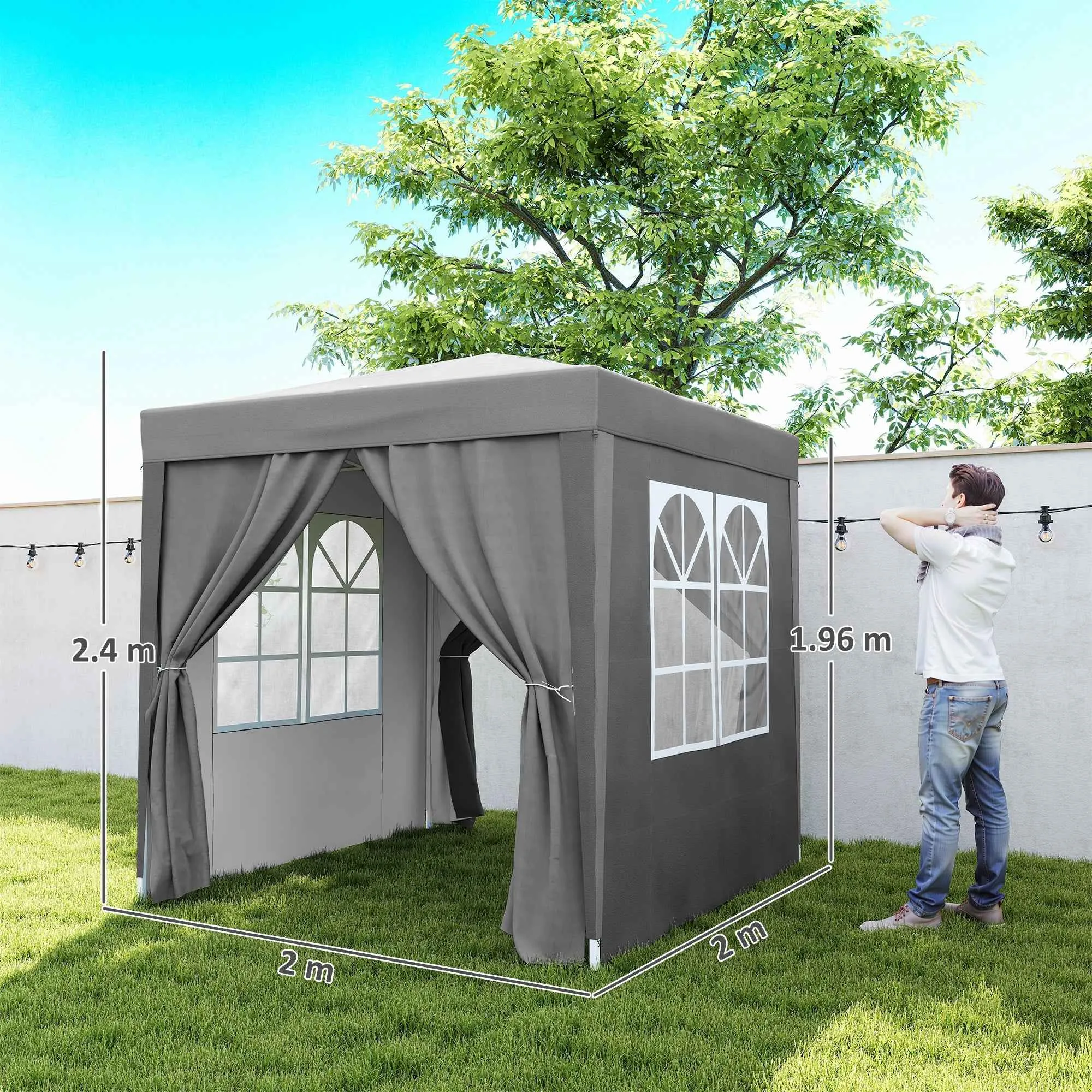 Outsunny 2x2m Folding Gazebo with 4 Removable Metal and Polyester Walls, Grey - Image 3