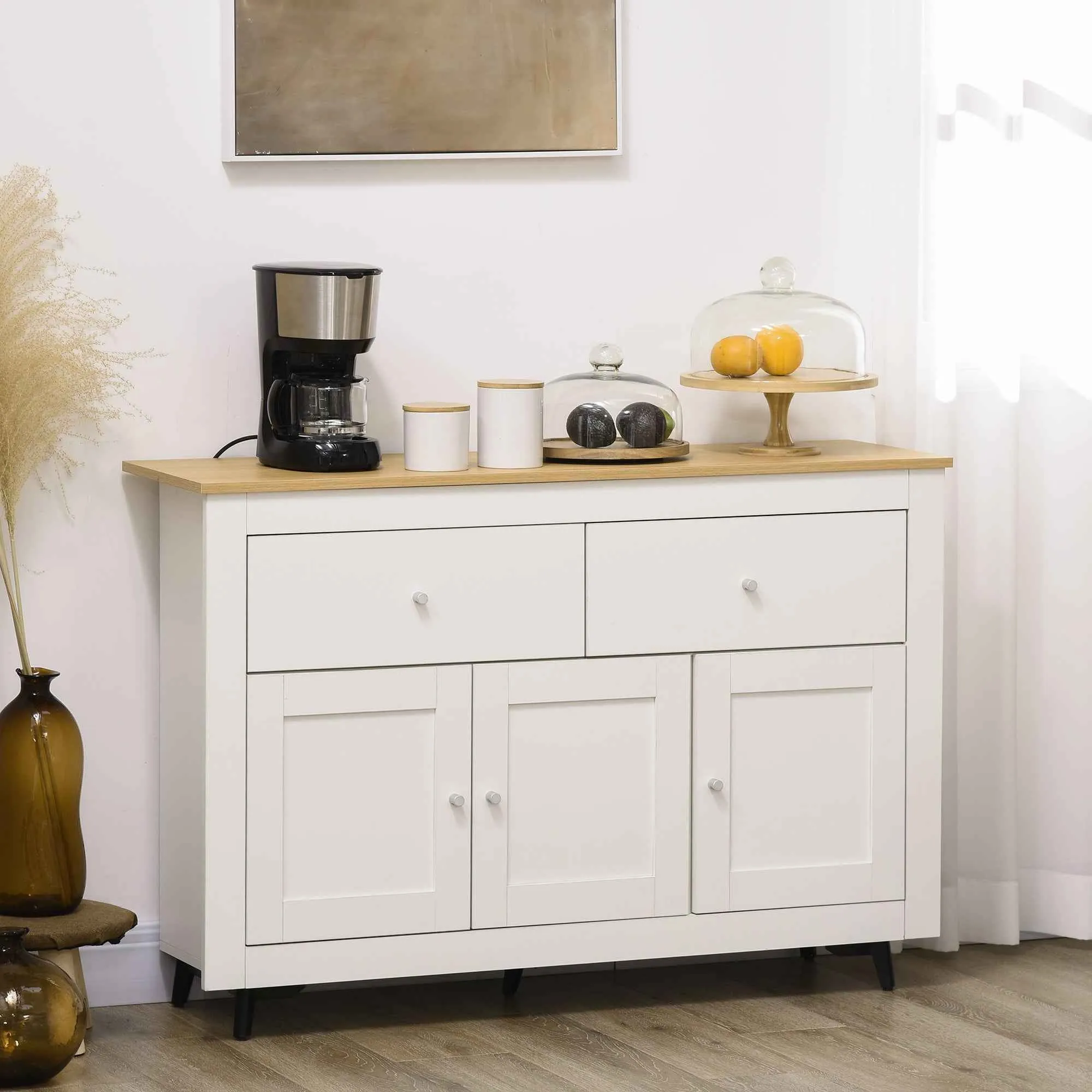 HOMCOM Wooden Buffet Sideboard with 2 Drawers and 2 Cabinets, 117x35x80 cm, White and Wood Color - Image 2