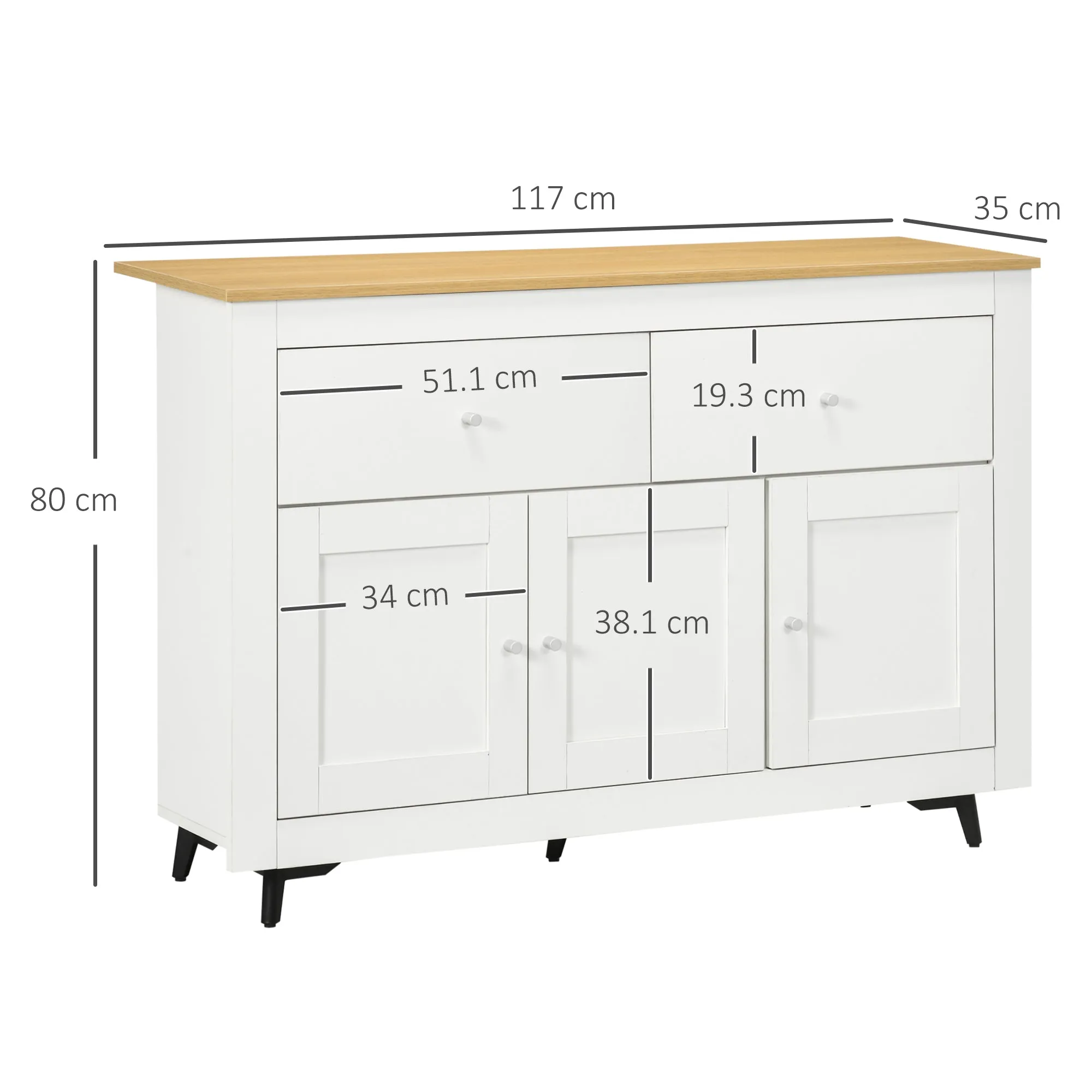 HOMCOM Wooden Buffet Sideboard with 2 Drawers and 2 Cabinets, 117x35x80 cm, White and Wood Color - Image 3