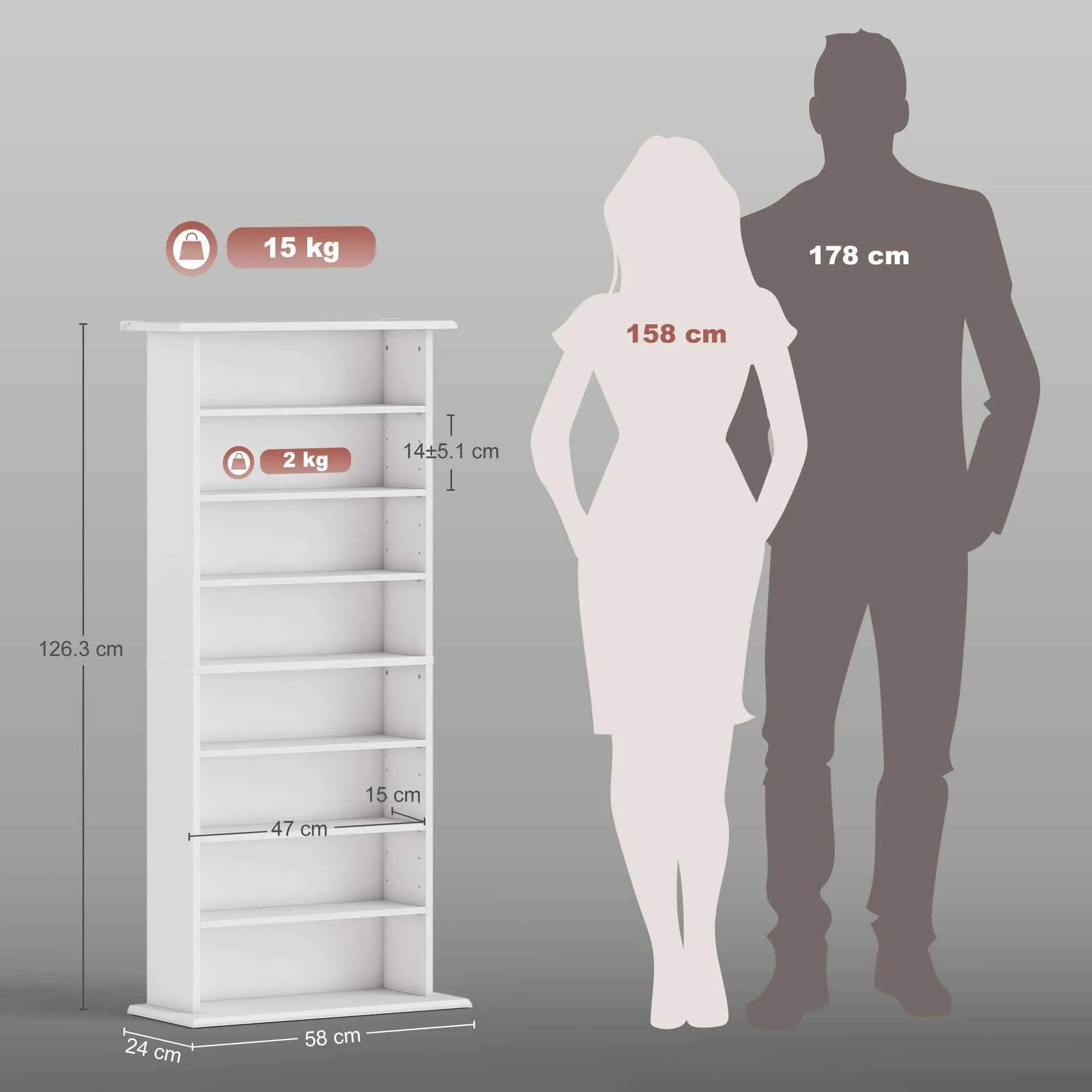 HOMCOM CD Storage Rack with 6 Adjustable Shelves, 360 CDs/185 DVDs Capacity, 58x24x124.5 cm, White - Image 3