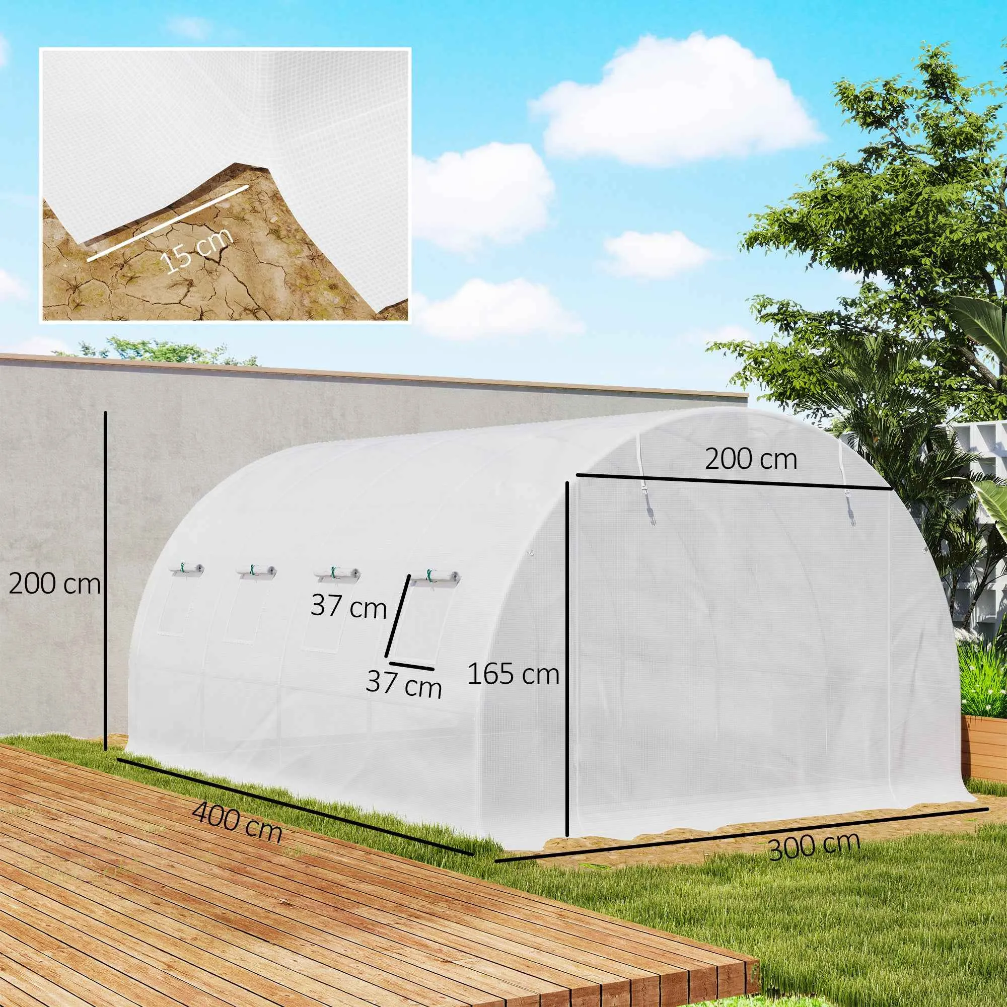 Outsunny PE Greenhouse Cover with 8 Windows, Roll-Up Door and Buried Edges, 4x3x2 m, White - Image 3