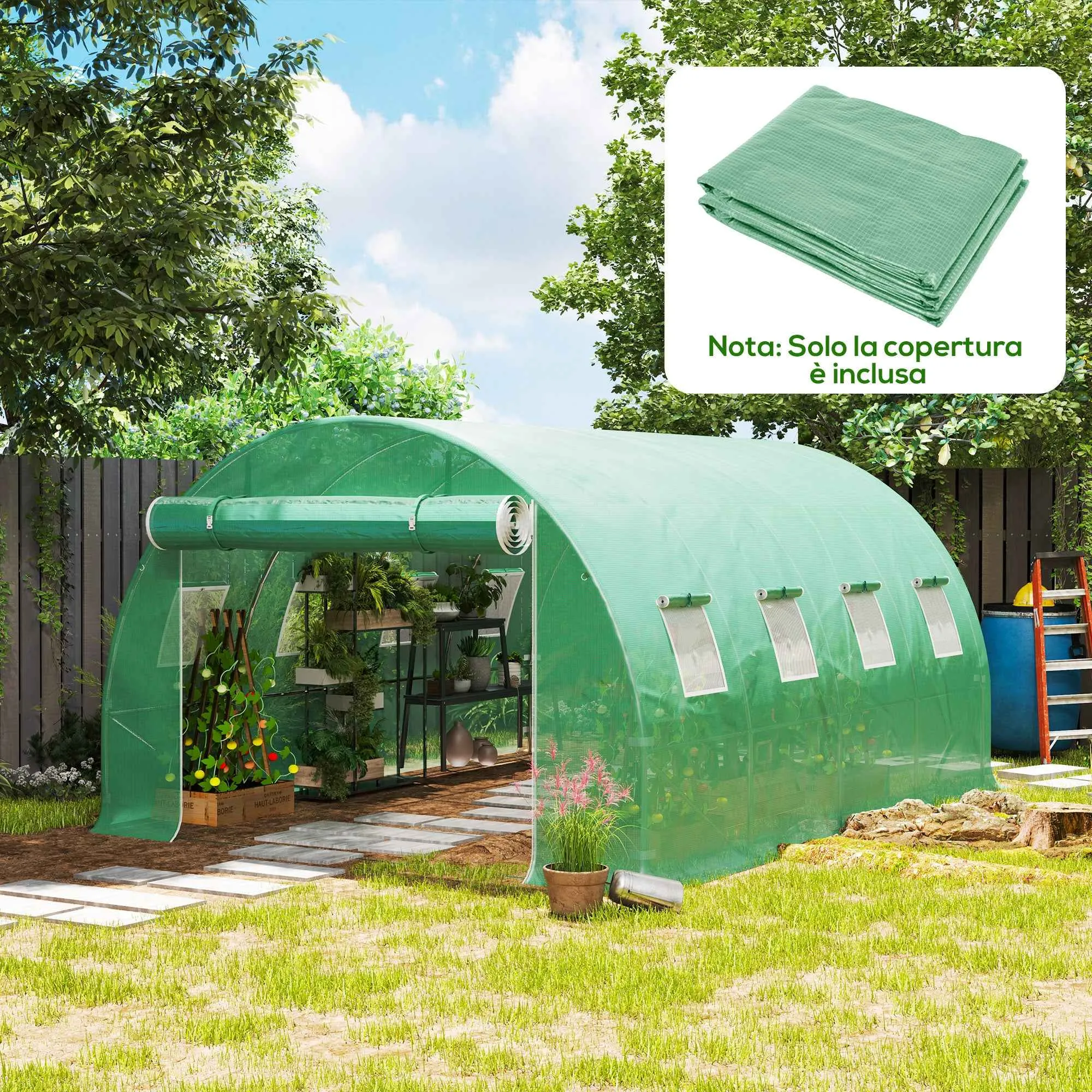 Outsunny PE Greenhouse Cover with 8 Windows, Roll-Up Door and Buried Edges, 4x3x2 m, Green - Image 2