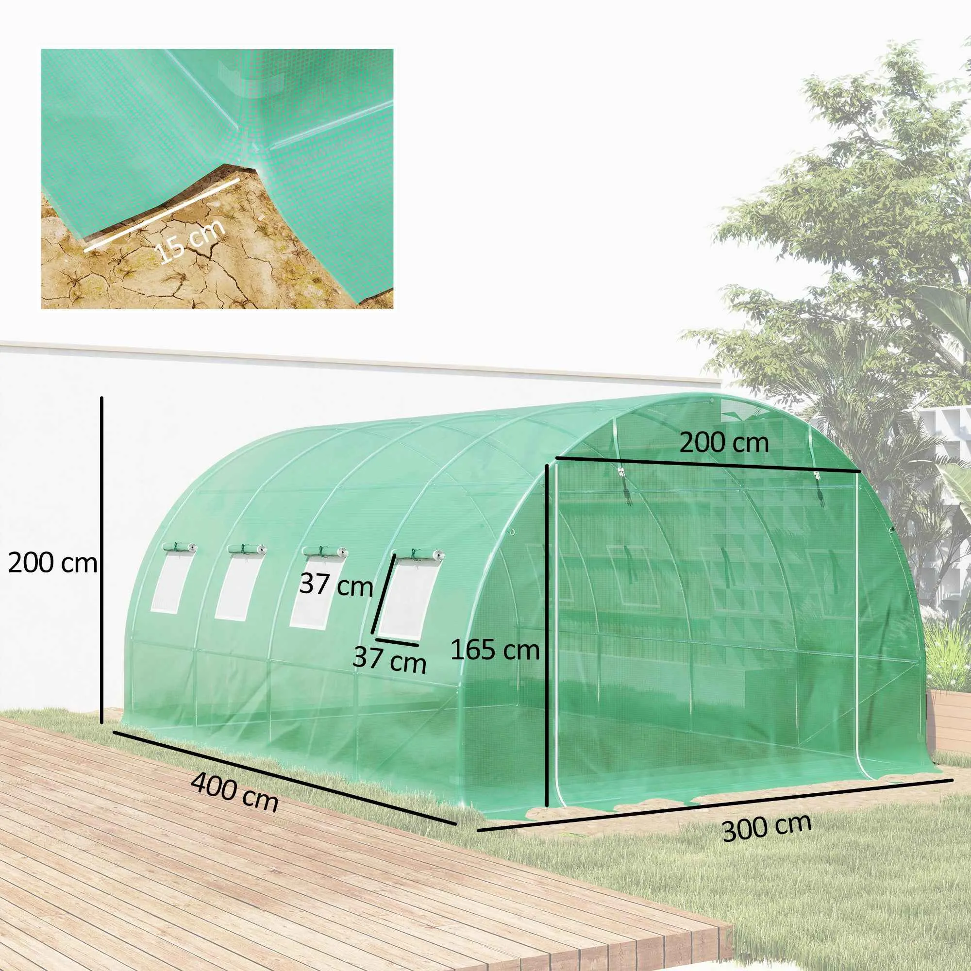 Outsunny PE Greenhouse Cover with 8 Windows, Roll-Up Door and Buried Edges, 4x3x2 m, Green - Image 3