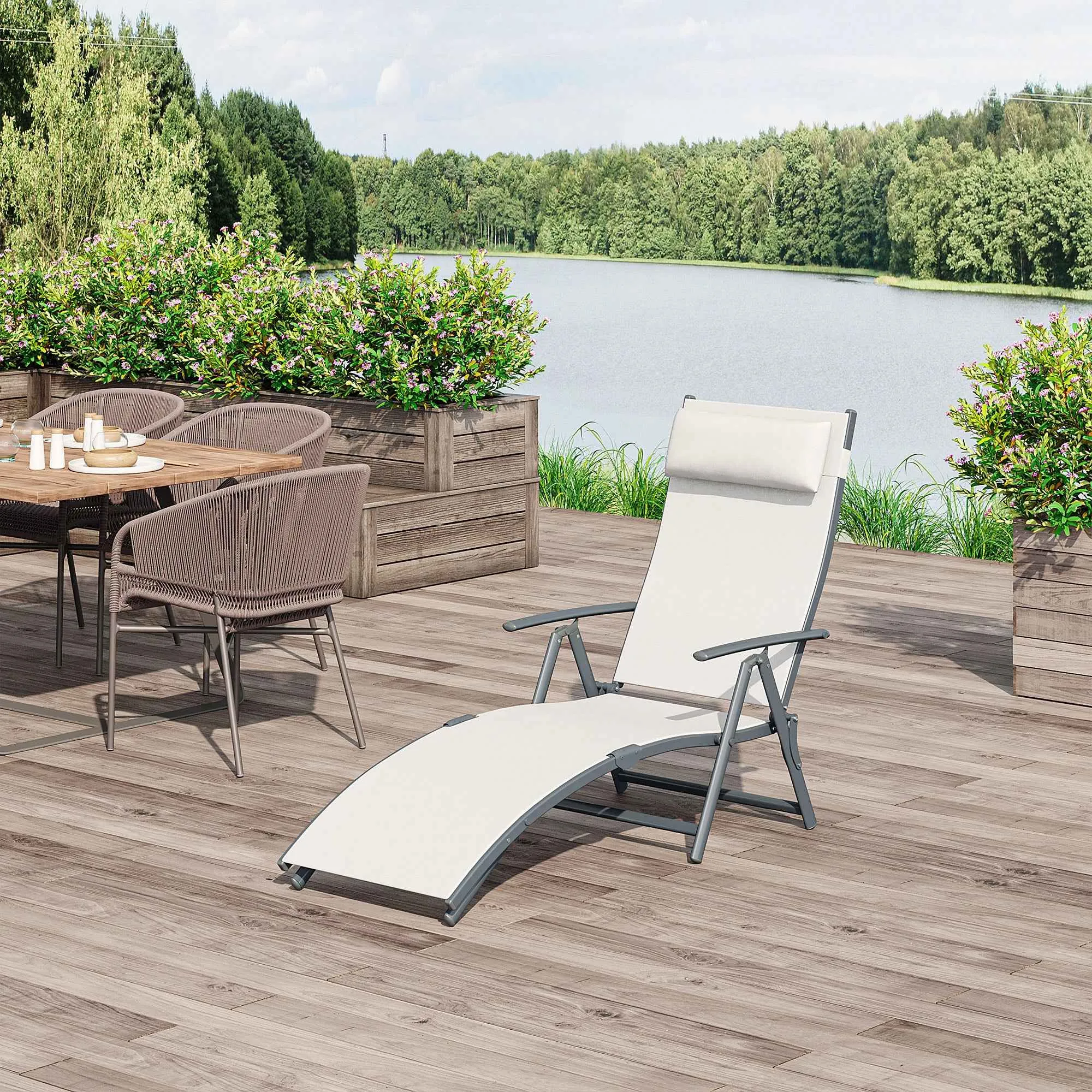 Outsunny Folding Garden Lounger with Cushion, 7-Reclining Backrest, 137x63.5x100.5cm, Beige - Image 2