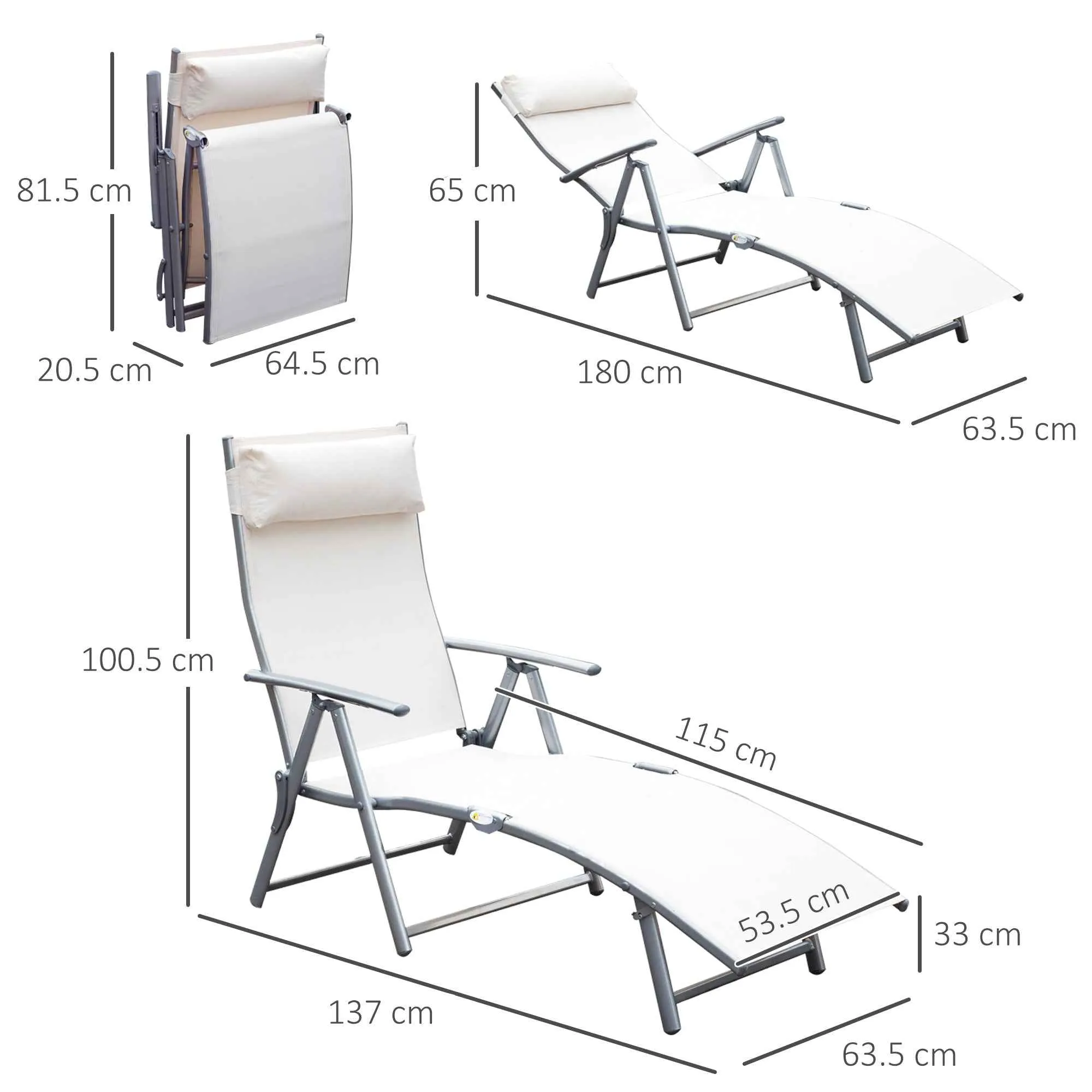 Outsunny Folding Garden Lounger with Cushion, 7-Reclining Backrest, 137x63.5x100.5cm, Beige - Image 3