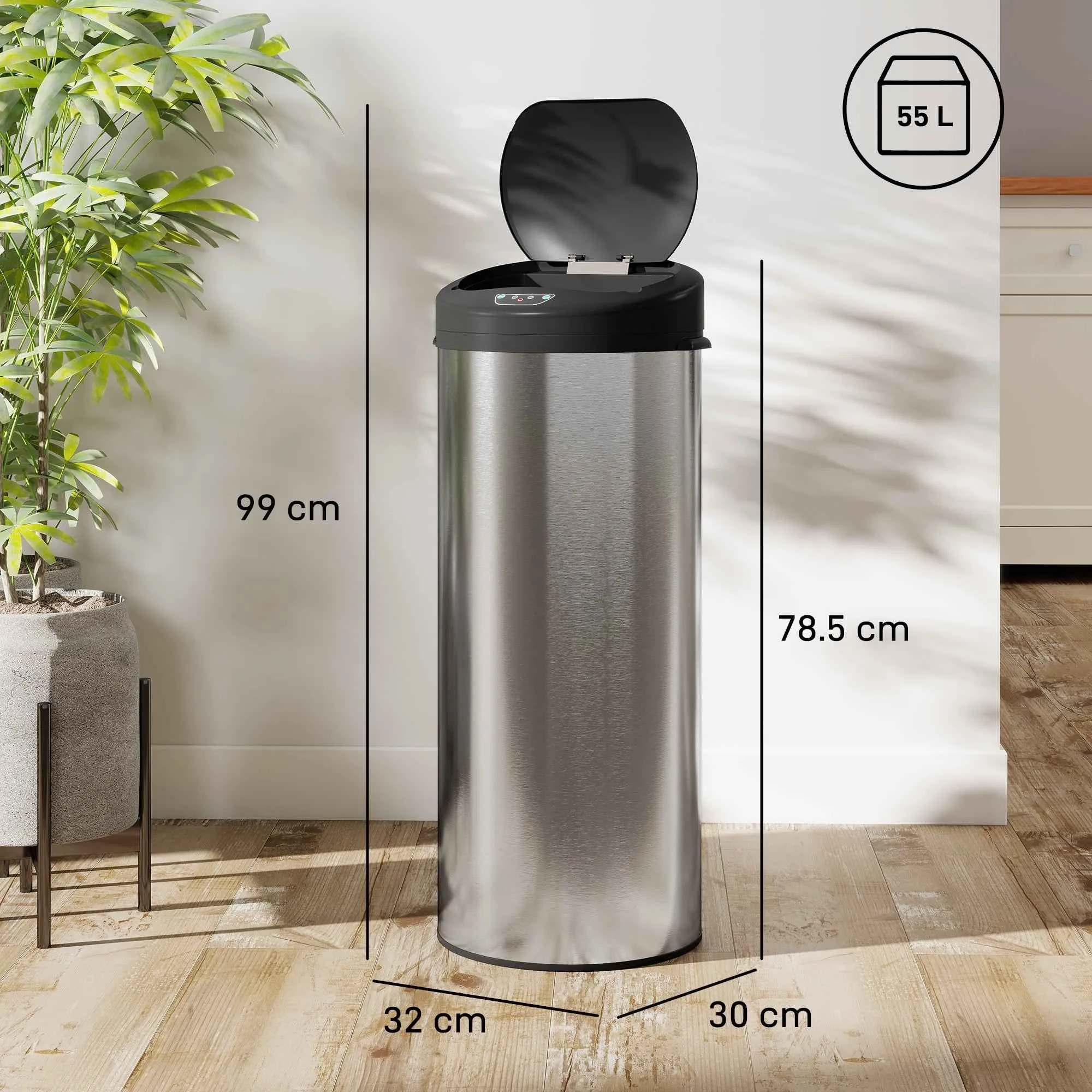 HOMCOM 55L Waste Bin with Sensor for Automatic Opening and Soft Closing, 32x30x72.5 cm, Silver - Image 3