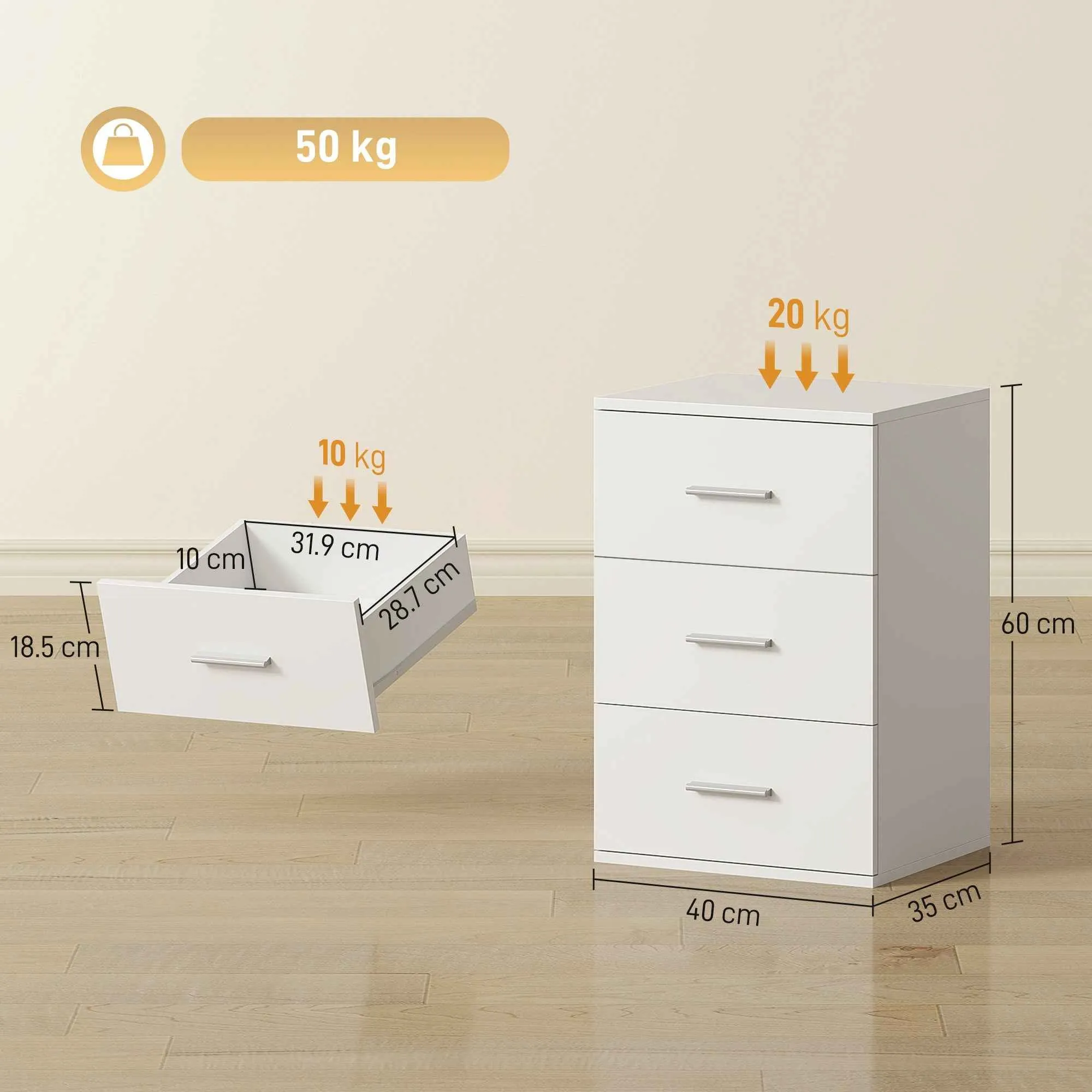 HOMCOM Modern and Multipurpose Bedside Table with 3 Drawers for Bedroom and Living Room, 40x35x60 cm, White - Image 3