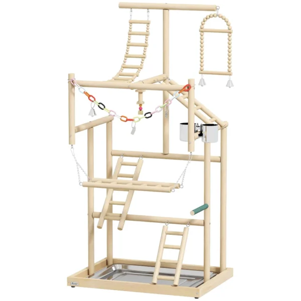 PawHut Parrot Perch with Toys, Ladders, Chains, Bowls, Removable Tray and Perches, Natural Wood