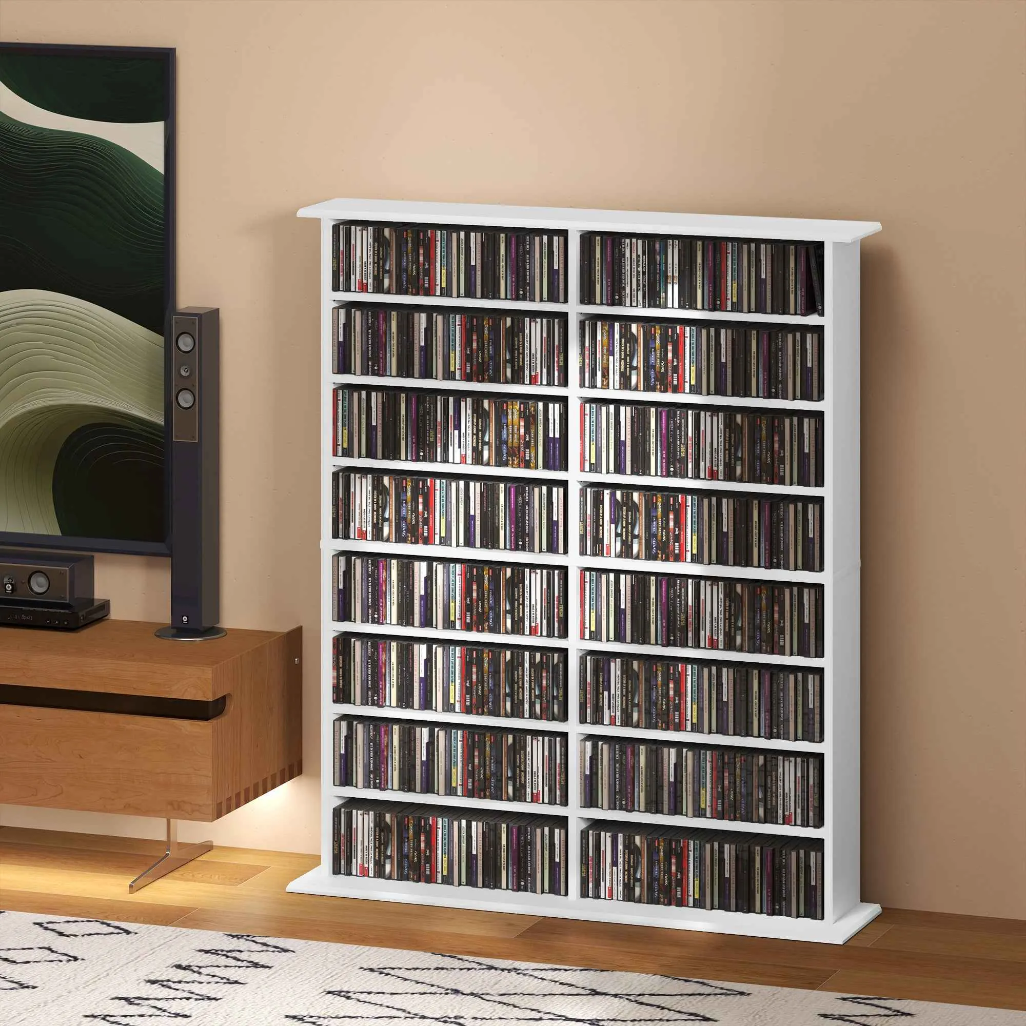 HOMCOM 16-Tier Modern Design Wooden CD Bookcase, 106.5x24x126.3 cm, White - Image 2