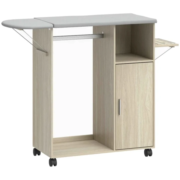 HOMCOM Mobile Ironing Board with Linen Effect Support Surface, 3 Cube Shelves and Rail, 127x42.5x99 cm, Multicolor