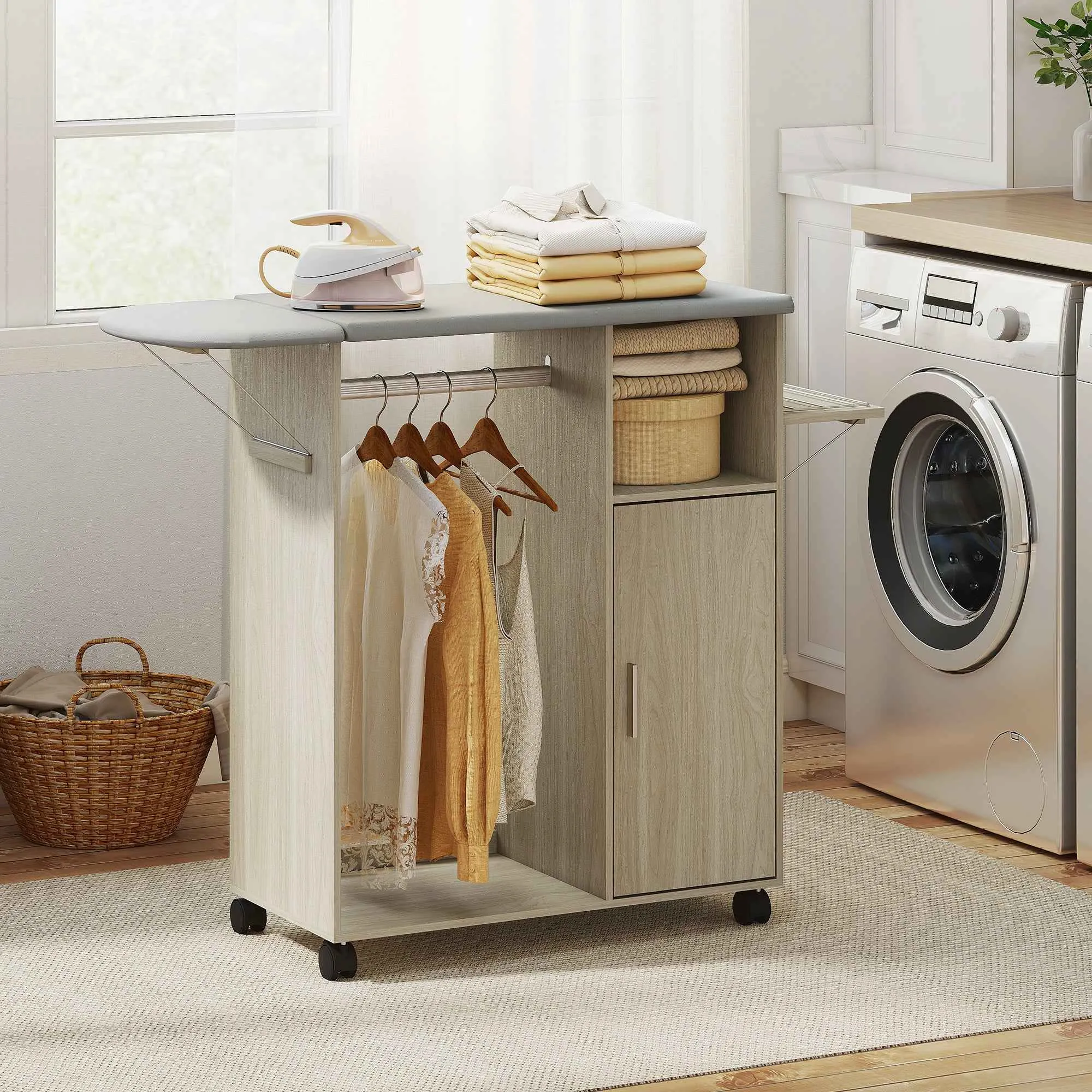 HOMCOM Mobile Ironing Board with Linen Effect Support Surface, 3 Cube Shelves and Rail, 127x42.5x99 cm, Multicolor - Image 2