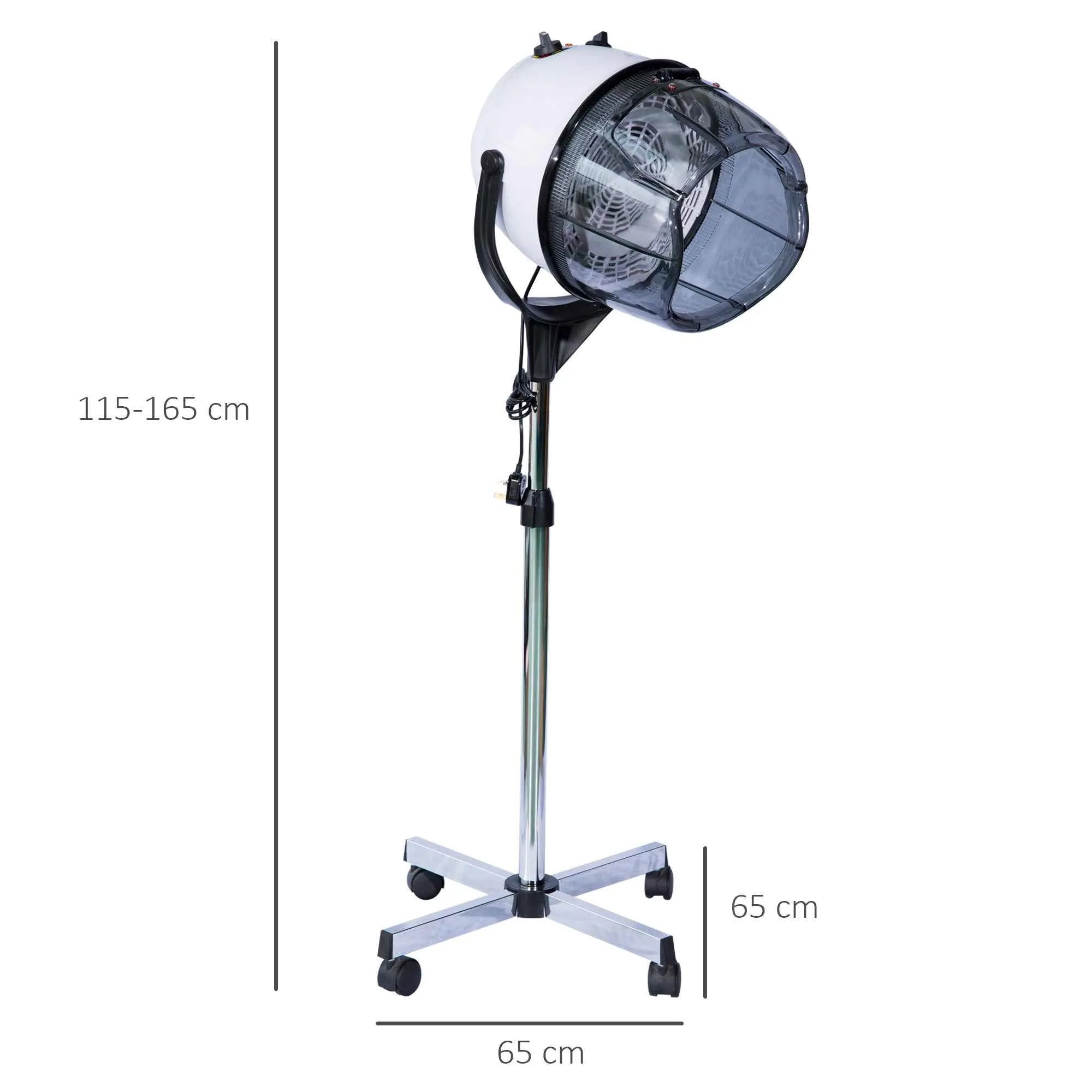 HOMCOM 1180W Adjustable Height Hood Hair Dryer, Hair Dryer with 60-Minute Timer and Swivel Wheels, Made of PP, PC and Steel, 65x65x115-165 cm, White - Image 3