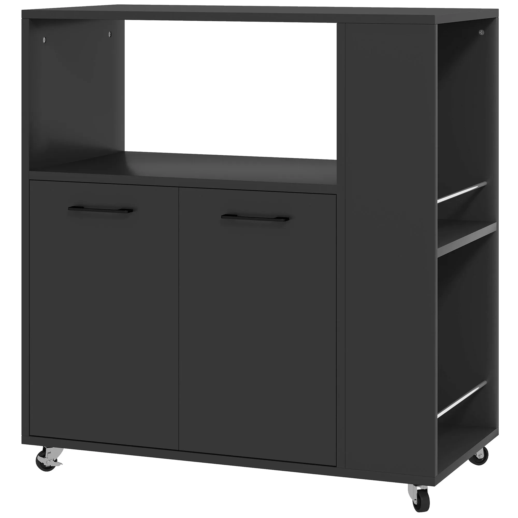 HOMCOM Wooden Kitchen Cart with Open Shelf, Cabinet and Side Shelf, 75x40x80.5 cm, Black