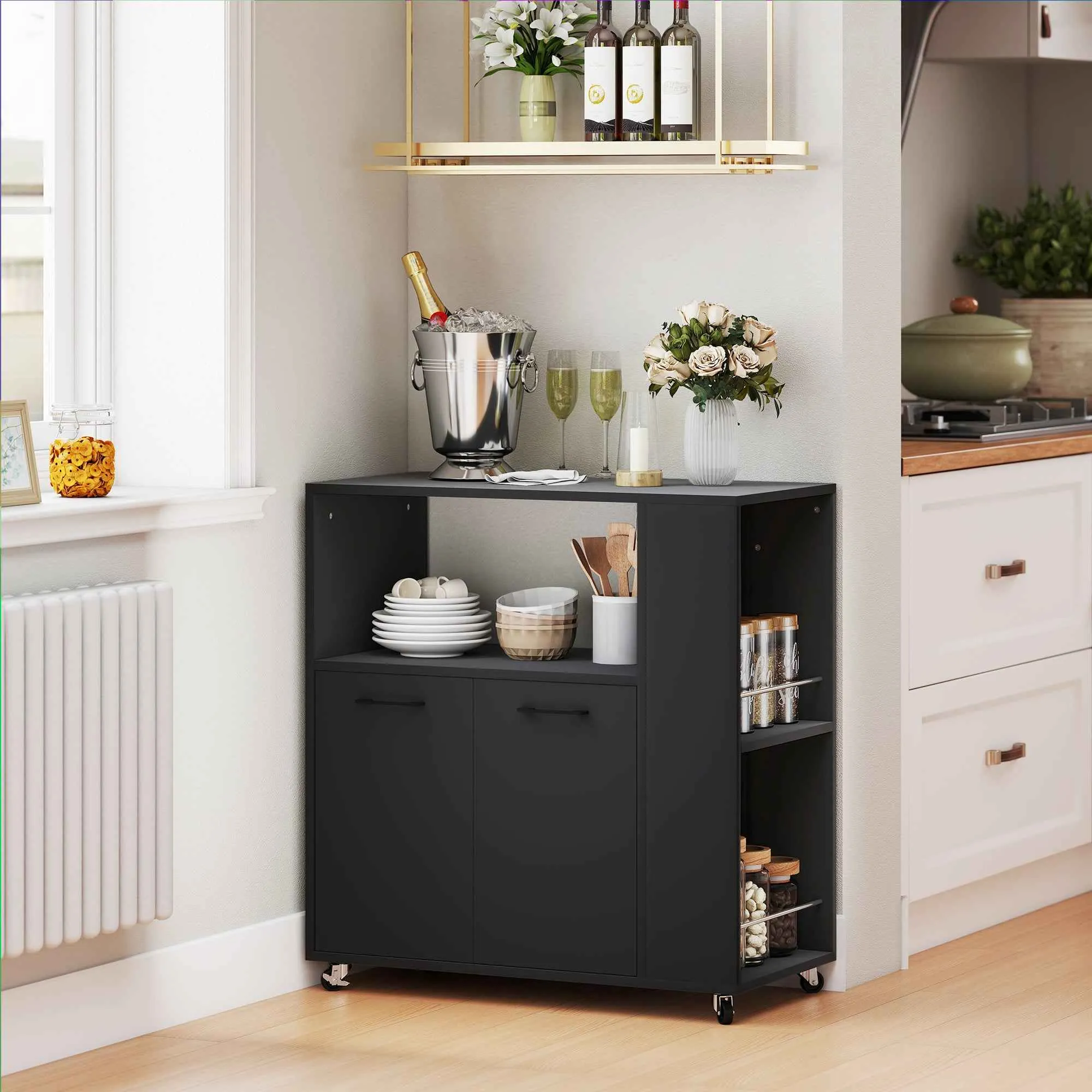 HOMCOM Wooden Kitchen Cart with Open Shelf, Cabinet and Side Shelf, 75x40x80.5 cm, Black - Image 2