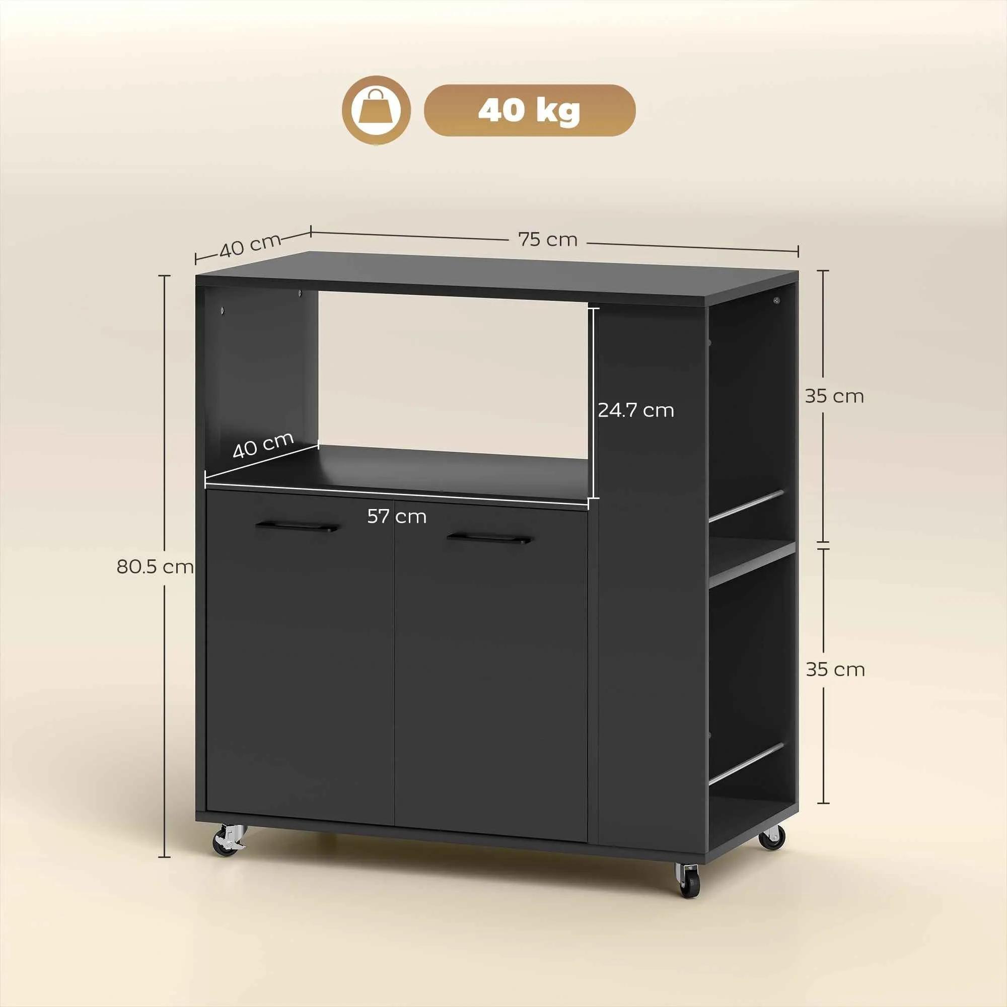 HOMCOM Wooden Kitchen Cart with Open Shelf, Cabinet and Side Shelf, 75x40x80.5 cm, Black - Image 3
