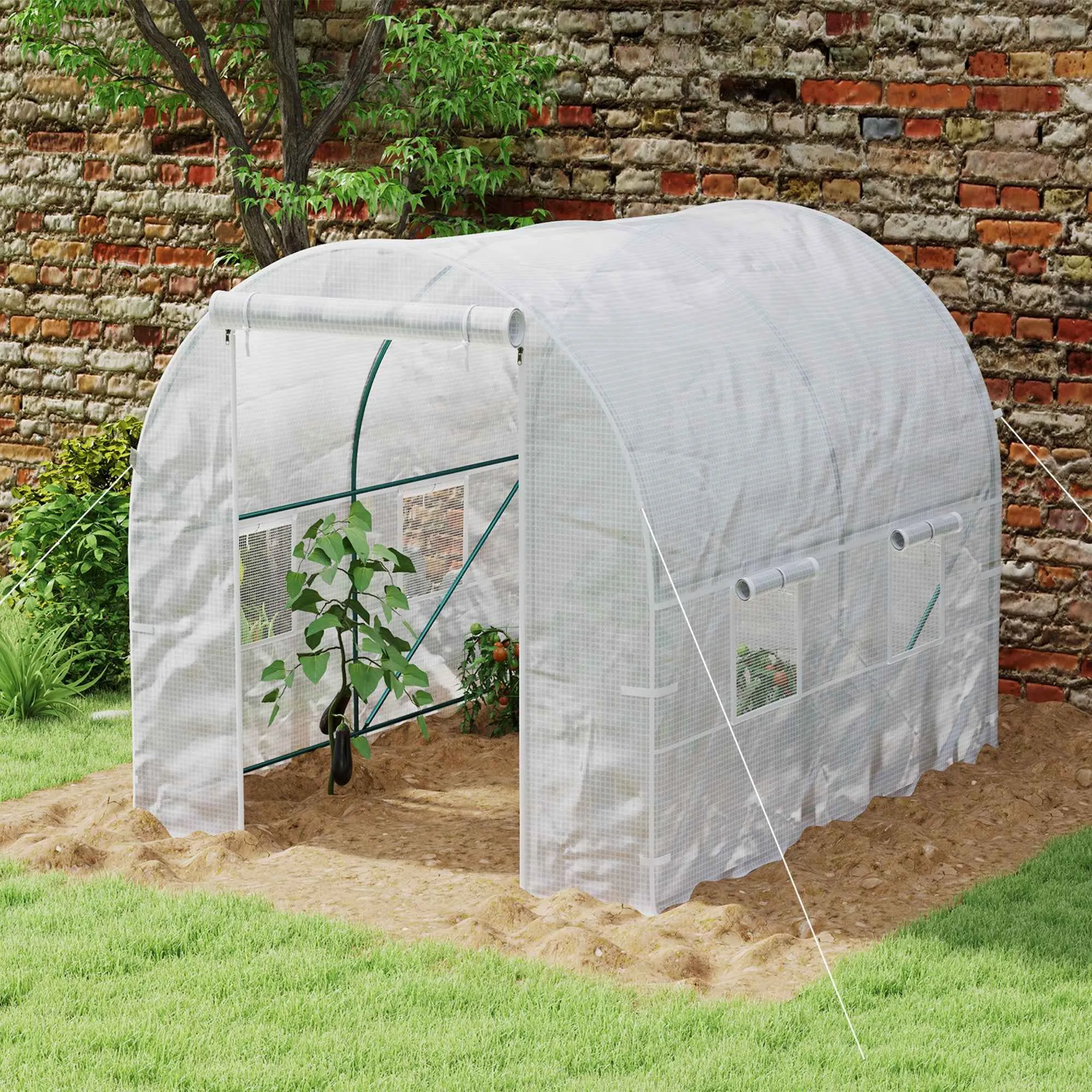 Outsunny 2.5x2x2m Steel Frame Tunnel Greenhouse with 4 PE Windows, White - Image 2