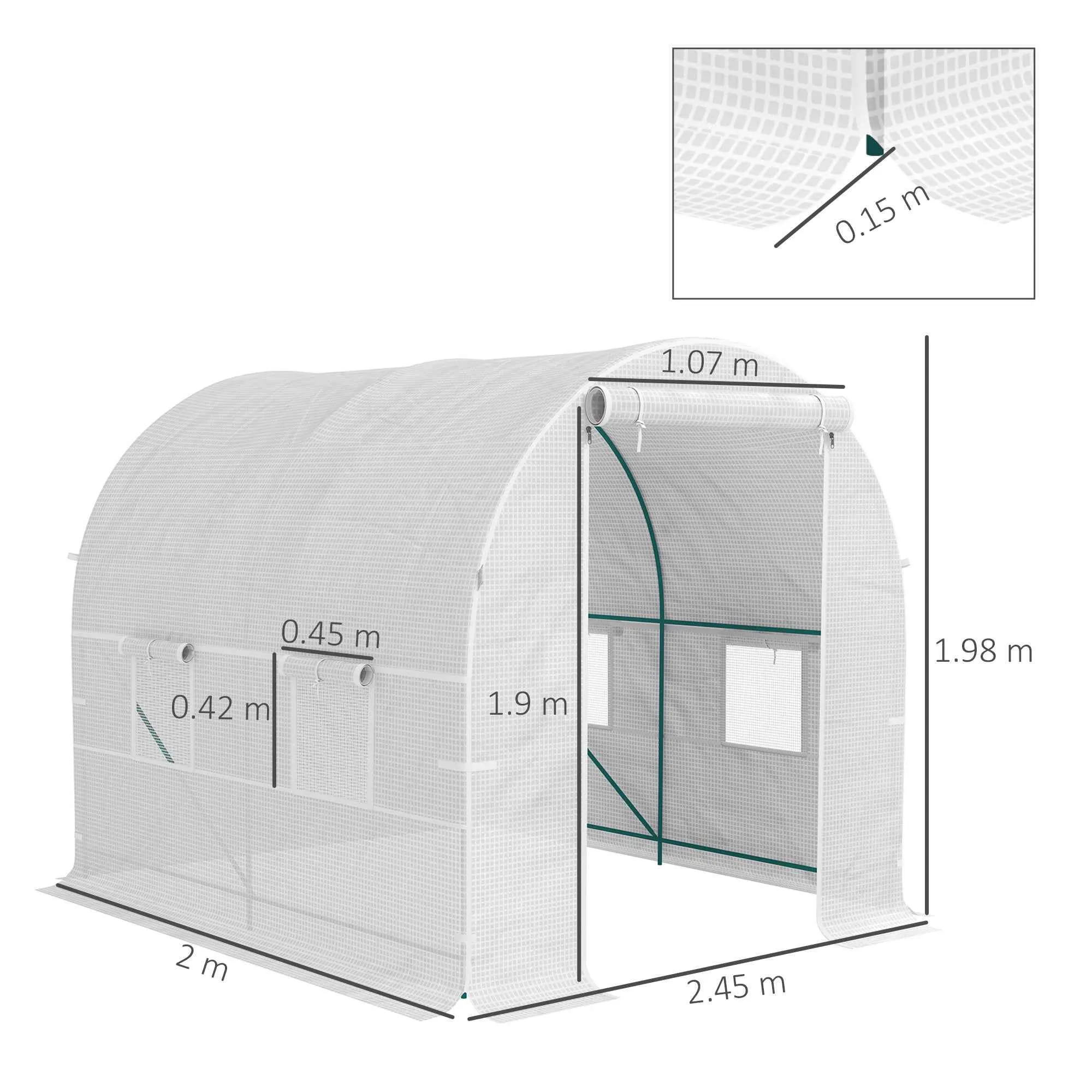 Outsunny 2.5x2x2m Steel Frame Tunnel Greenhouse with 4 PE Windows, White - Image 3
