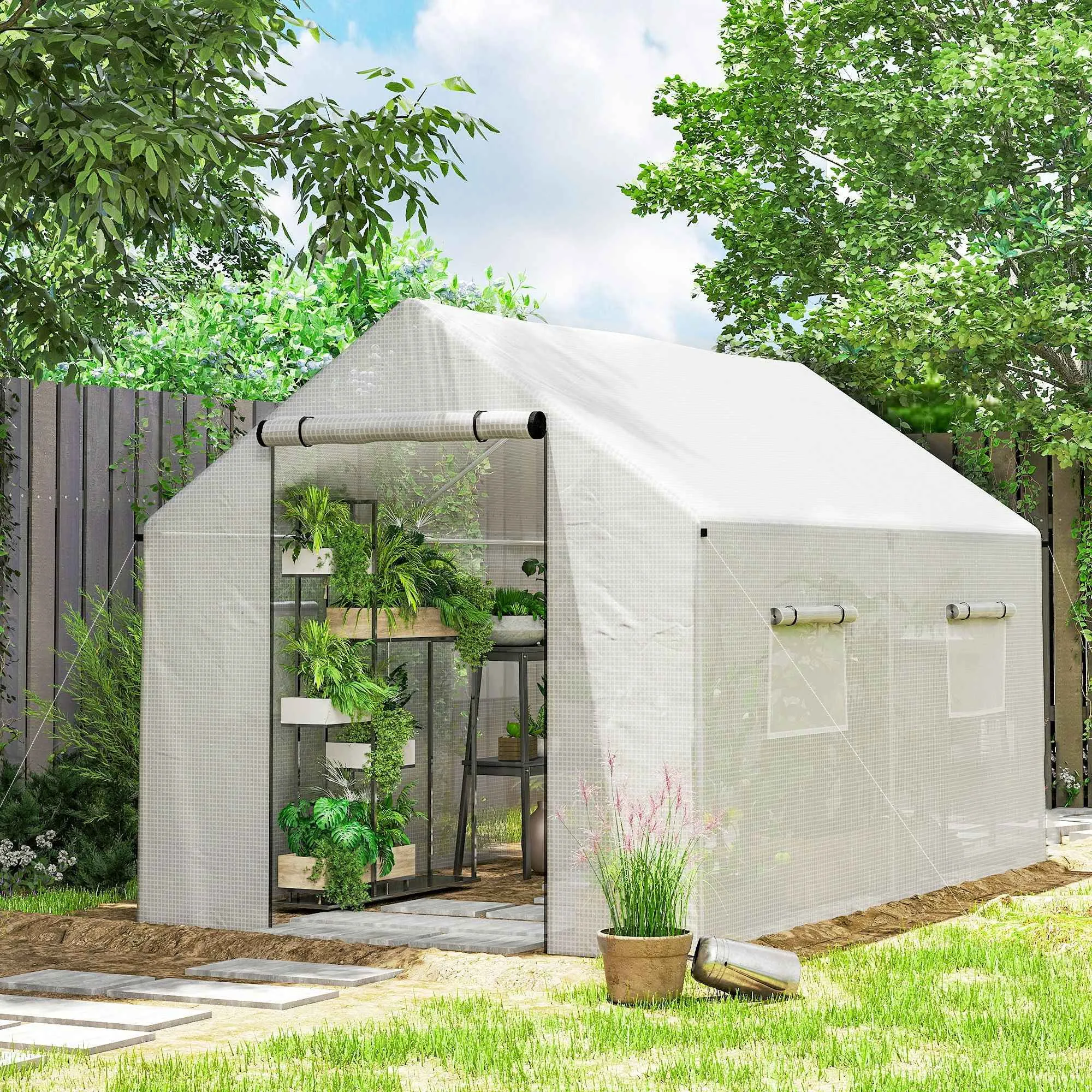 Outsunny 2x3x2 m Tunnel Greenhouse with Roller Doors and Windows and Pointed Roof, in Steel and PE, White - Image 2