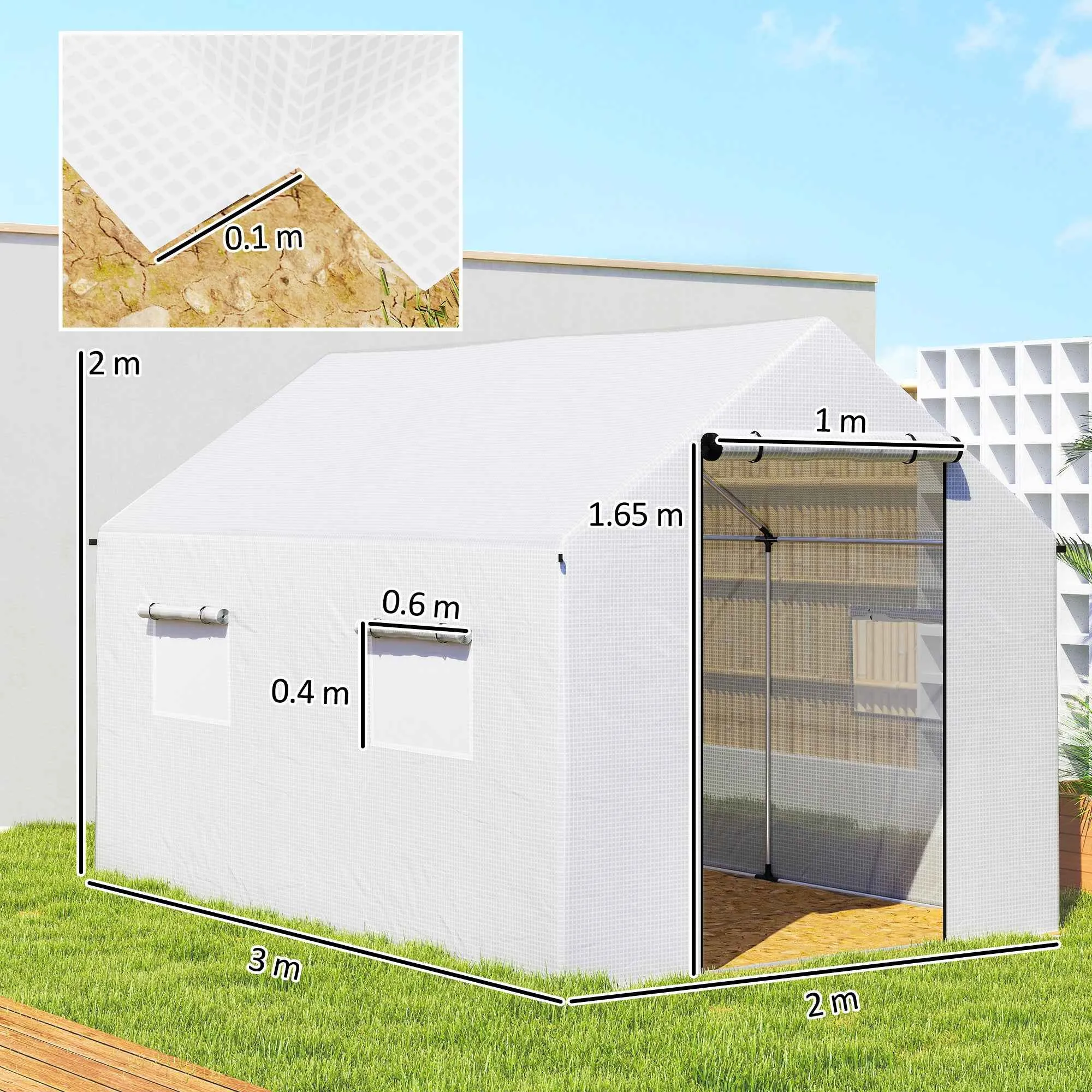 Outsunny 2x3x2 m Tunnel Greenhouse with Roller Doors and Windows and Pointed Roof, in Steel and PE, White - Image 3