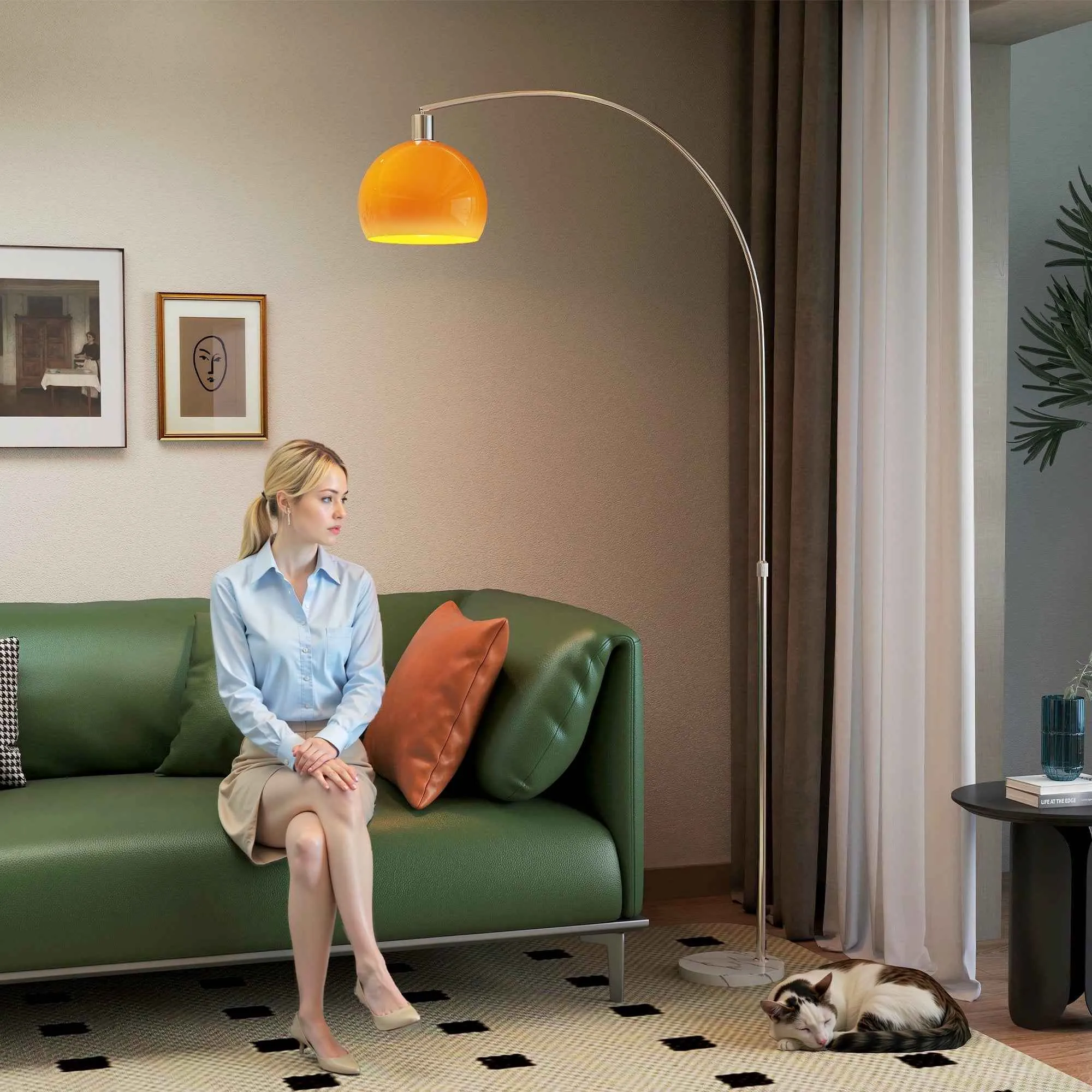 HOMCOM Arc Floor Lamp with Foot Switch, Marble, Metal and Plastic, 26x90x180 cm, White and Orange - Image 2