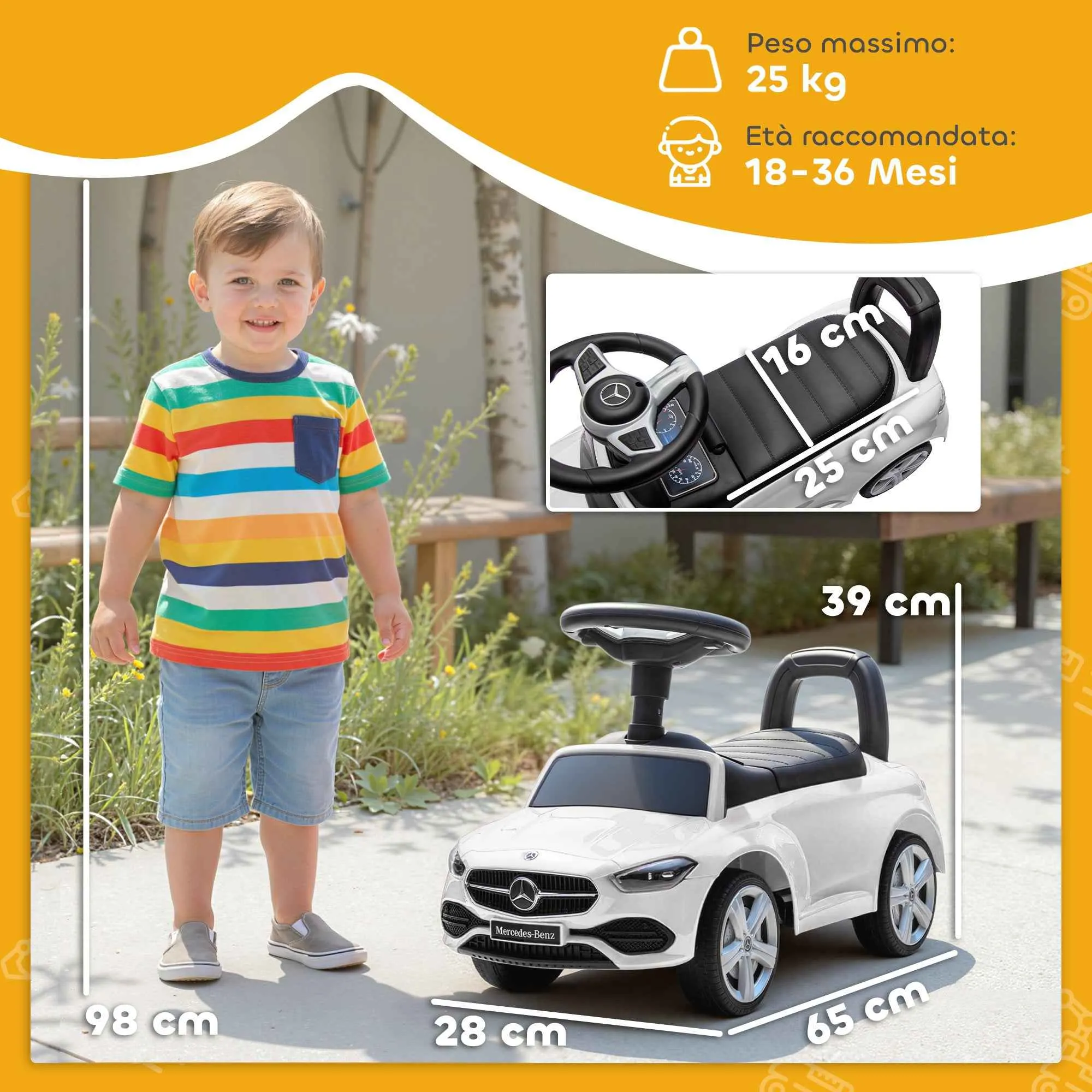 Mercedes Benz Licensed Ride-On Toy Car with Horn and Storage Space, 65x28x39 cm, White - Image 3