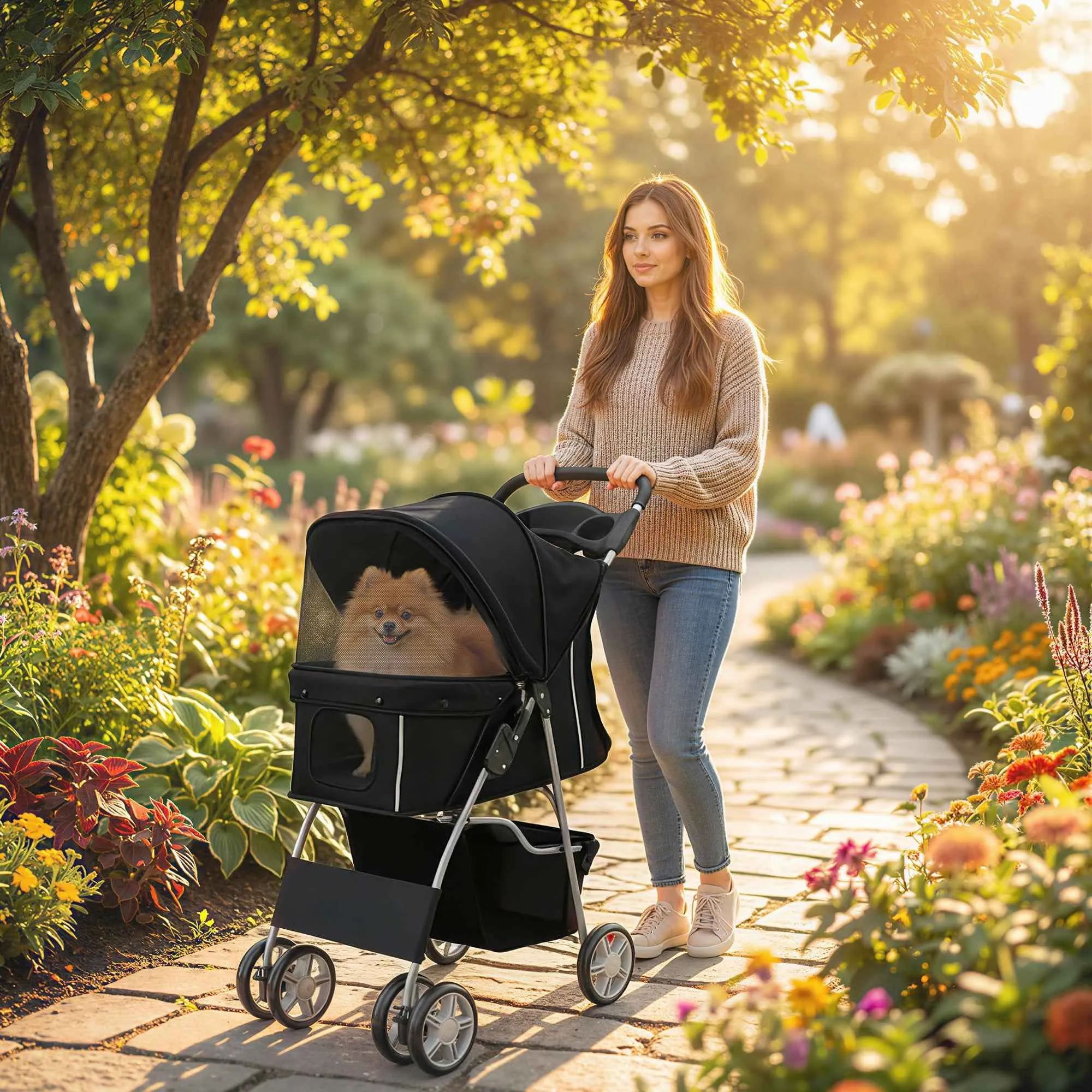 PawHut Folding Dog Stroller with Basket and Cup Holder, Max. Weight 10 kg, 77 x 44 x 102 cm, Black - Image 2