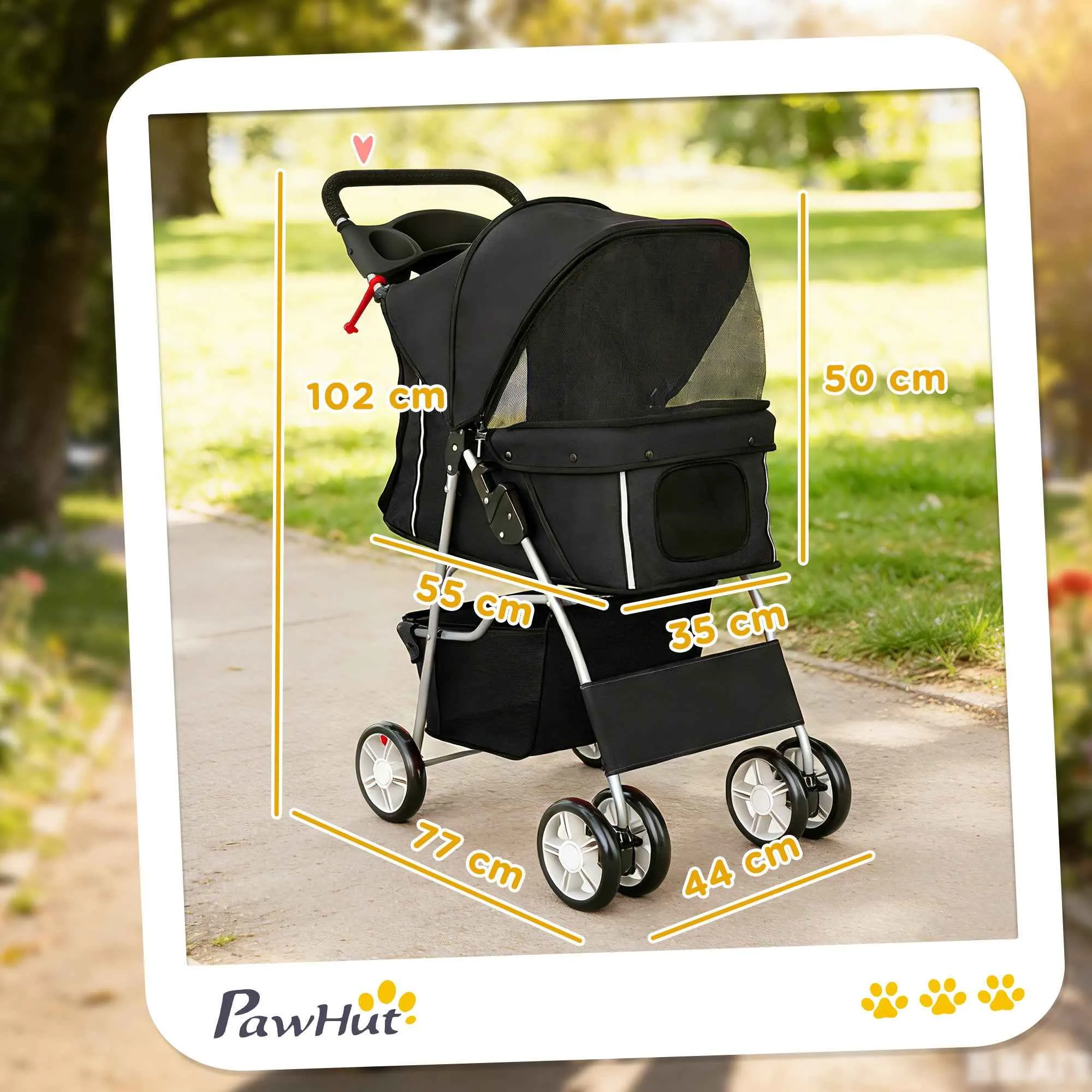 PawHut Folding Dog Stroller with Basket and Cup Holder, Max. Weight 10 kg, 77 x 44 x 102 cm, Black - Image 3