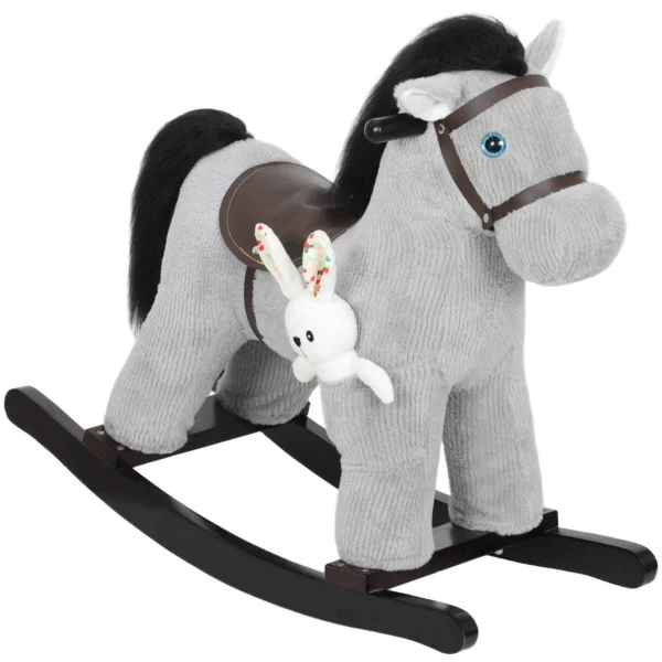 Rocking Horse with Sounds for Children 2-5 Years and Plush Animal Included, Wood and Steel, Grey