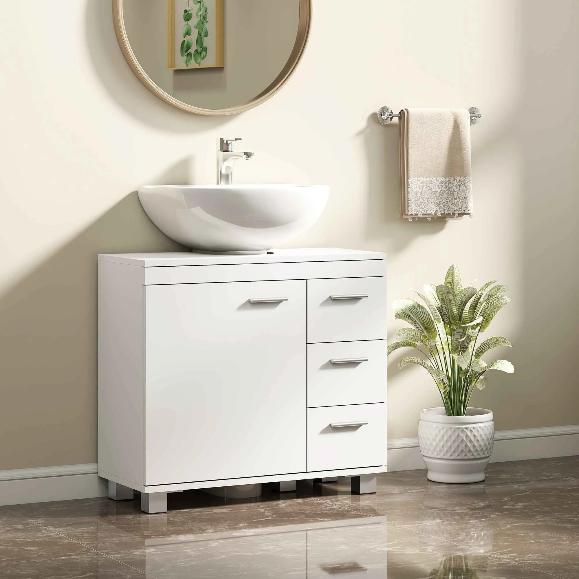HOMCOM Bathroom Vanity Unit with Cabinet, Shelves and Drawers, White - Image 2