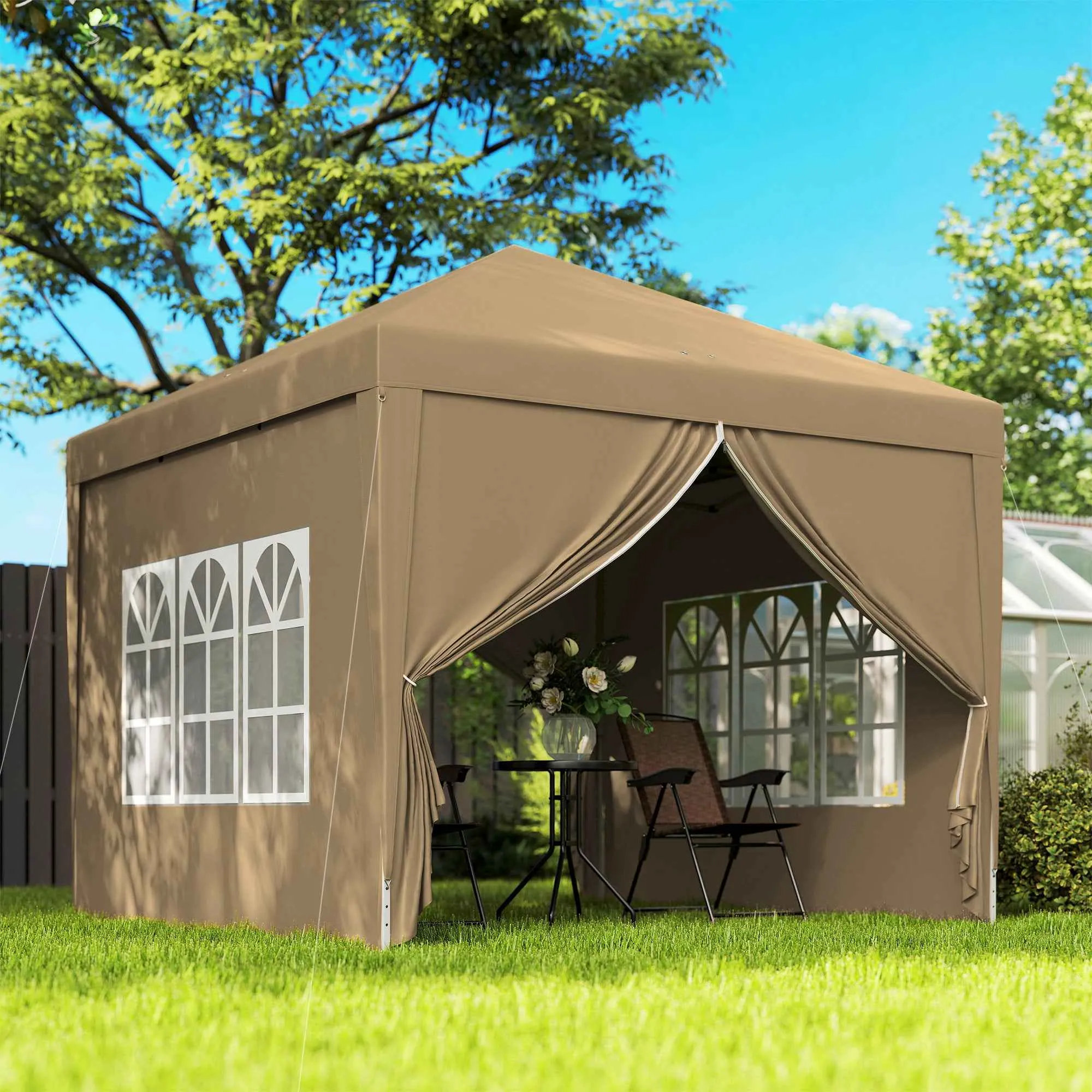 Outsunny 3x3m Folding Outdoor Gazebo with 4 Side Panels, Steel and Oxford Fabric, Khaki - Image 2