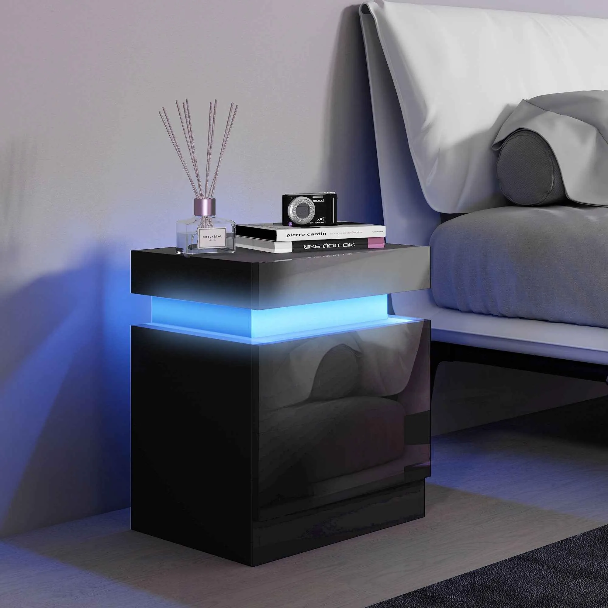 HOMCOM 16-Color LED Nightstand with 4 Modes and 2 Drawers, Wooden, 45x35x52 cm, Black - Image 2