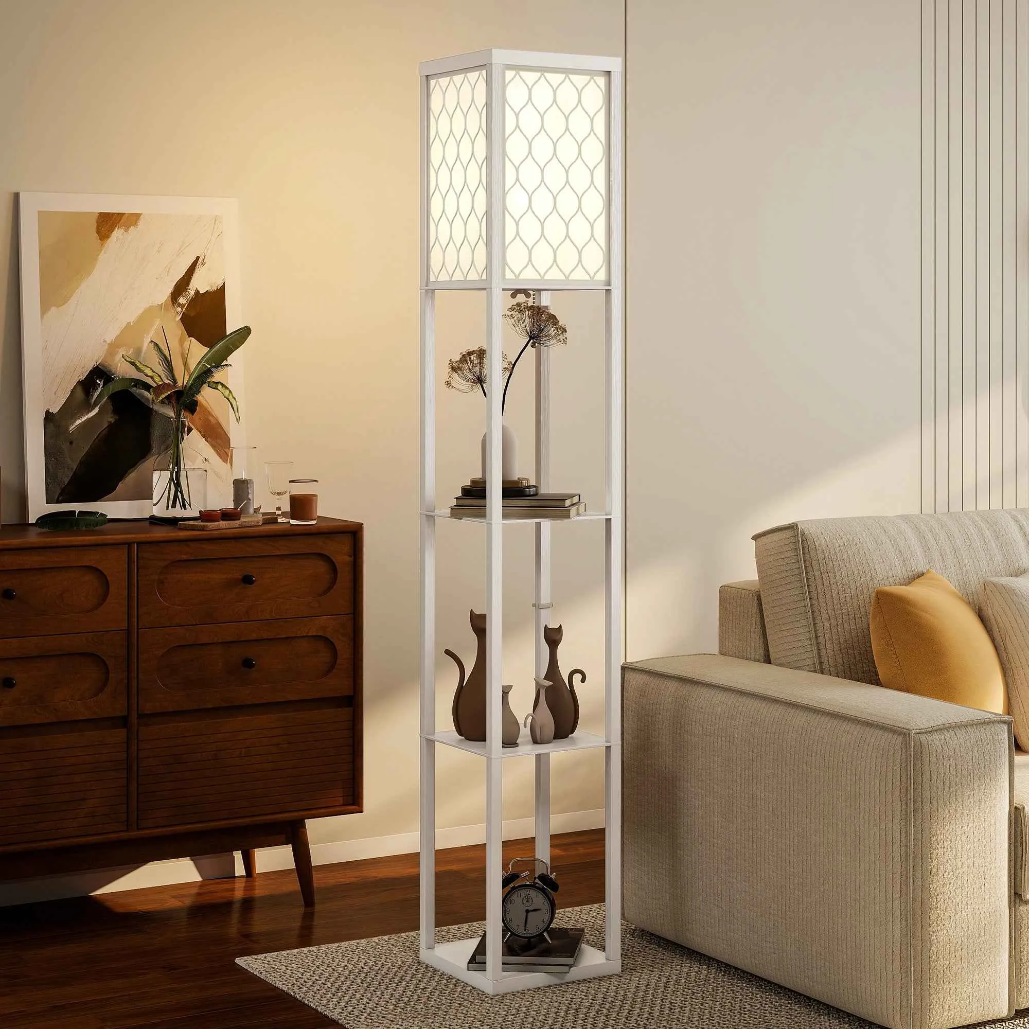 HOMCOM 2-in-1 Modern Floor Lamp with 3 Shelves, E27 Socket, 26 x 26 x 160 cm, White - Image 2