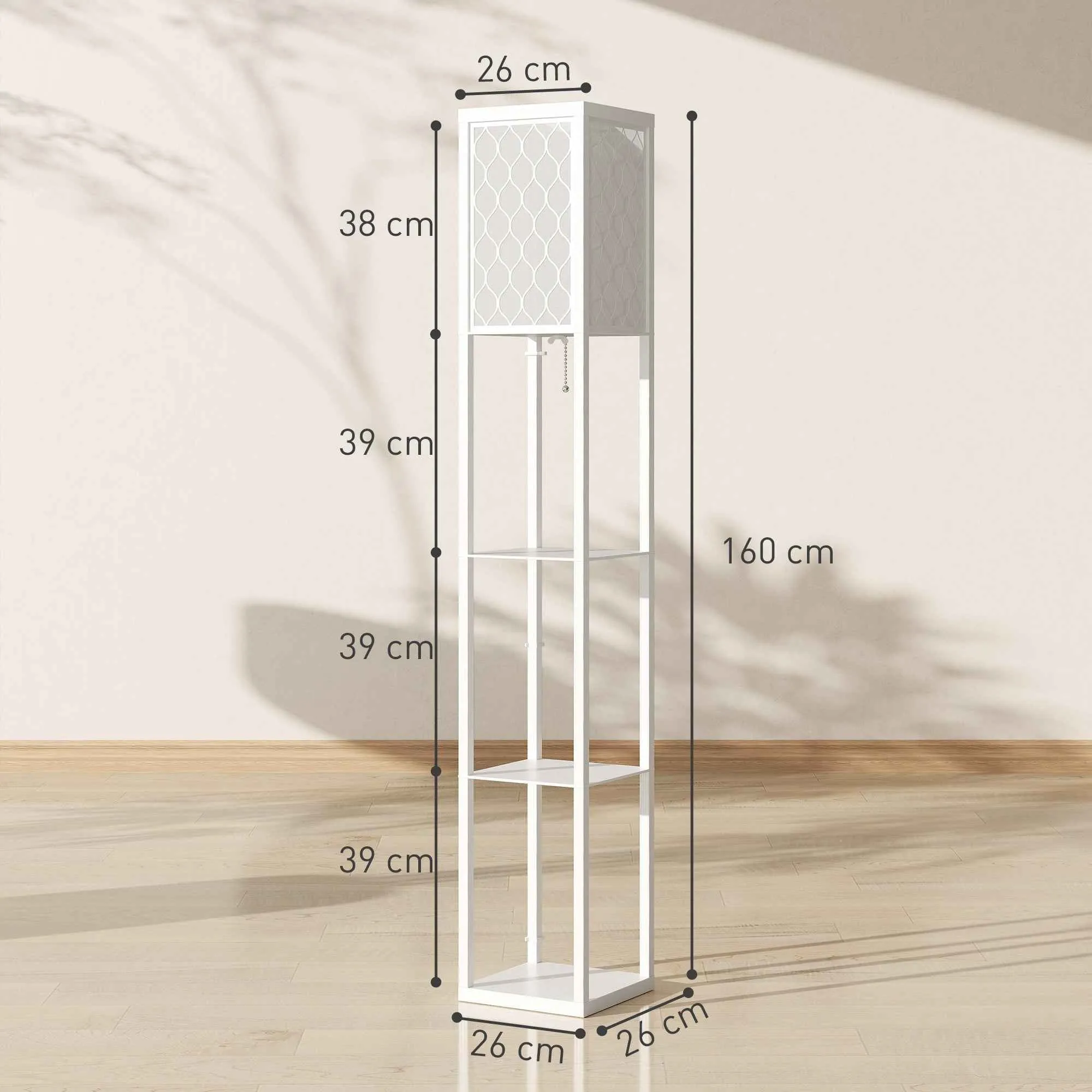 HOMCOM 2-in-1 Modern Floor Lamp with 3 Shelves, E27 Socket, 26 x 26 x 160 cm, White - Image 3