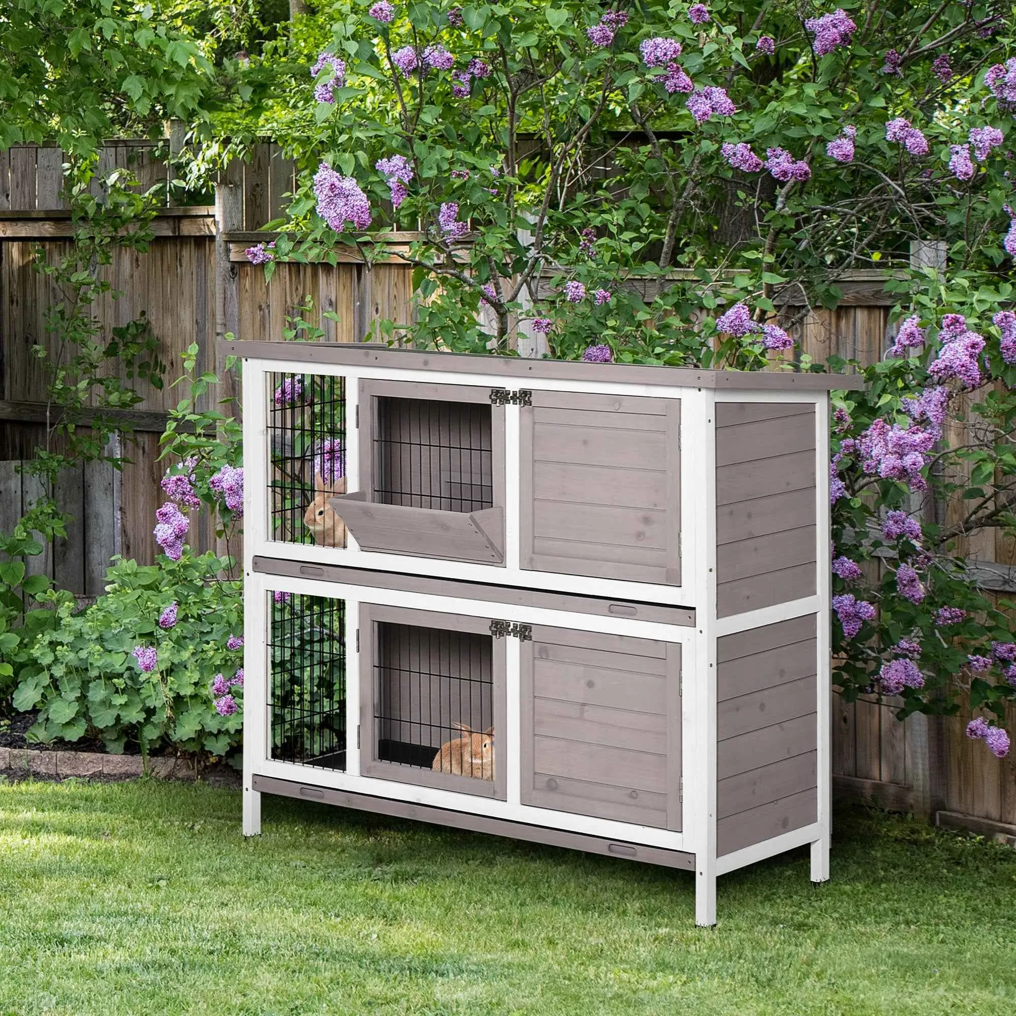 PawHut 2-Tier Wooden Rabbit Hutch with Opening Roof, Removable Feeder and Trays, 122x50x101 cm, Brown - Image 2