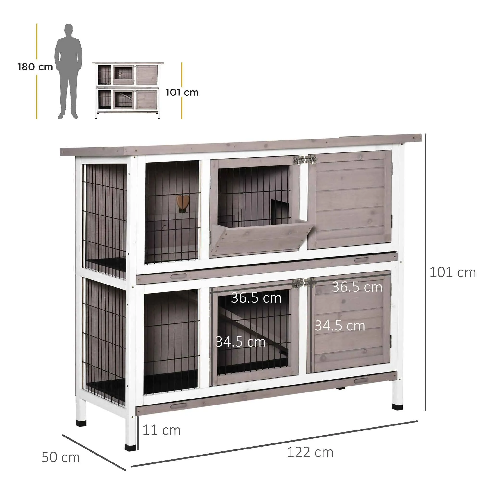 PawHut 2-Tier Wooden Rabbit Hutch with Opening Roof, Removable Feeder and Trays, 122x50x101 cm, Brown - Image 3