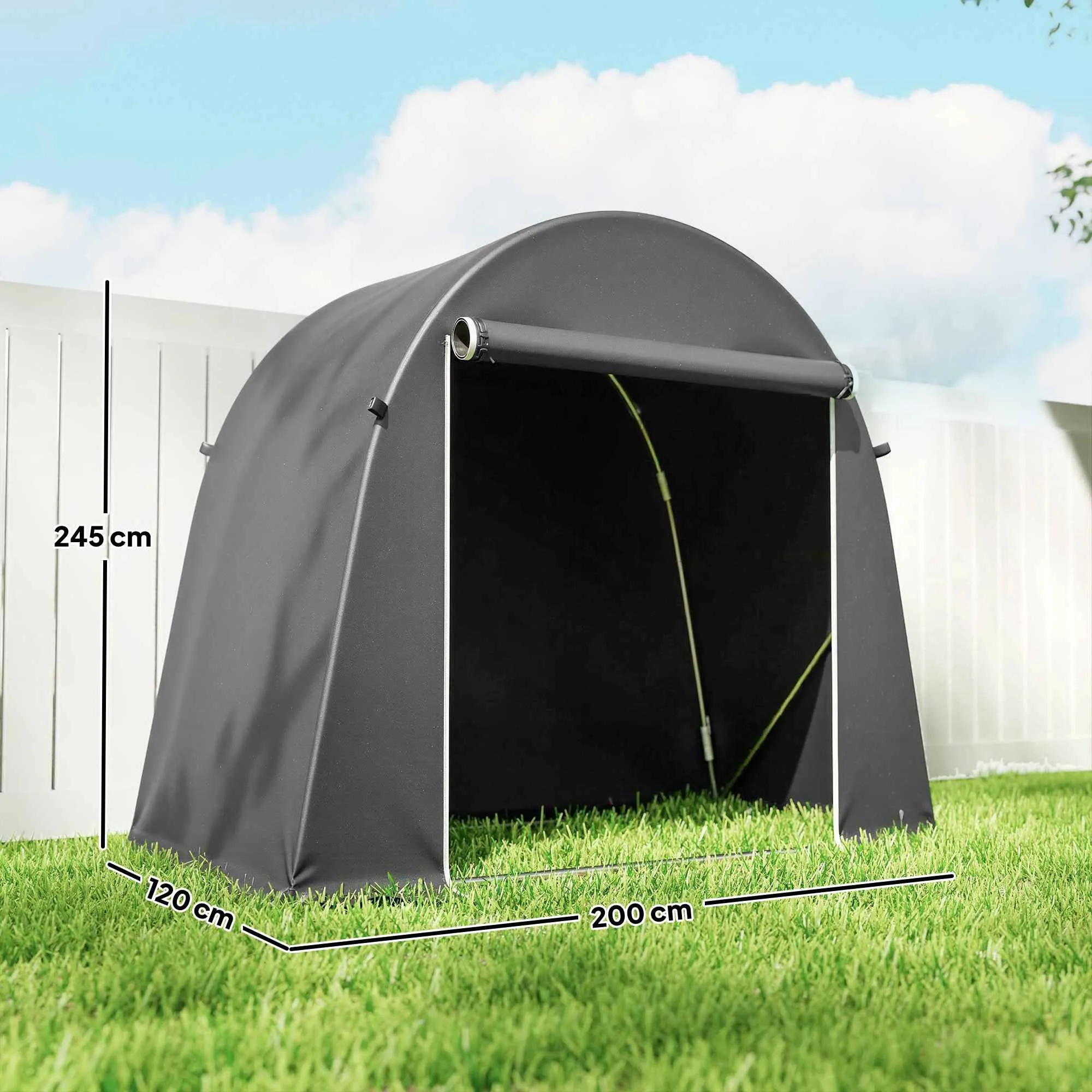 Outsunny Bike and Tool Storage Tent with Zippered Entrance, PE and Metal, 245x120x200 cm, Dark Grey - Image 3