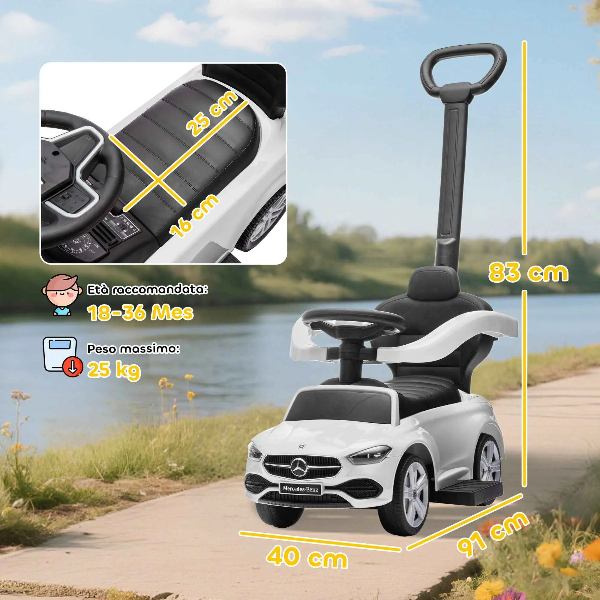 AIYAPLAY Ride-On Car for Children 1-3 Years Old Convertible into Stroller with Mercedes License, 91x40x83 cm, White - Image 3