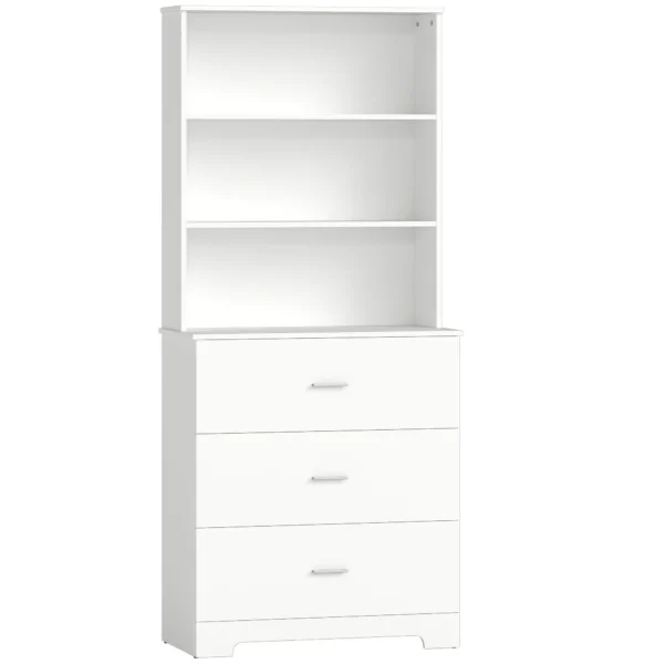 HOMCOM Wall-Mounted Bookcase with 3 Open Shelves and 3 Drawers, Wooden, 79x39.5x182.2 cm, White