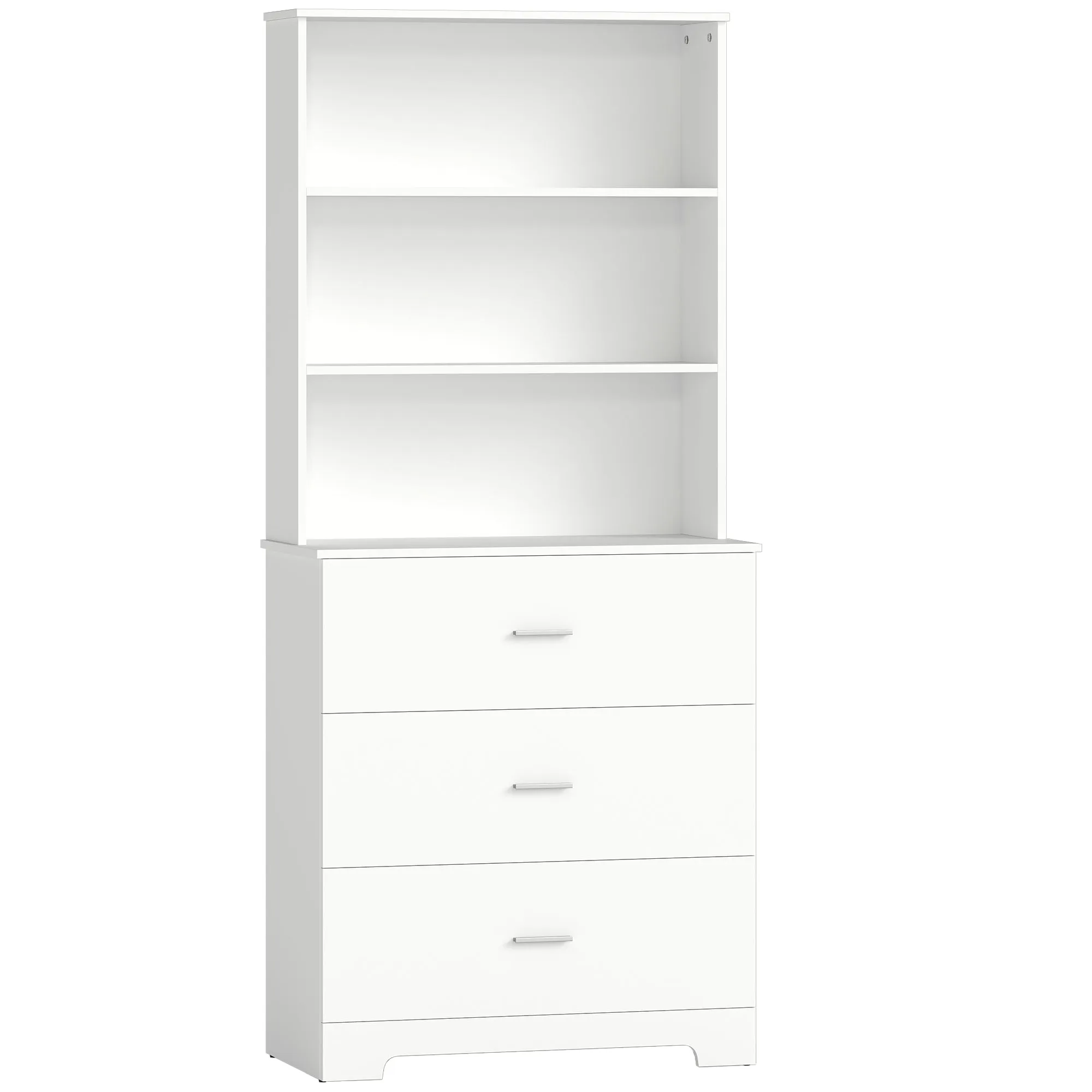 HOMCOM Wall-Mounted Bookcase with 3 Open Shelves and 3 Drawers, Wooden, 79x39.5x182.2 cm, White