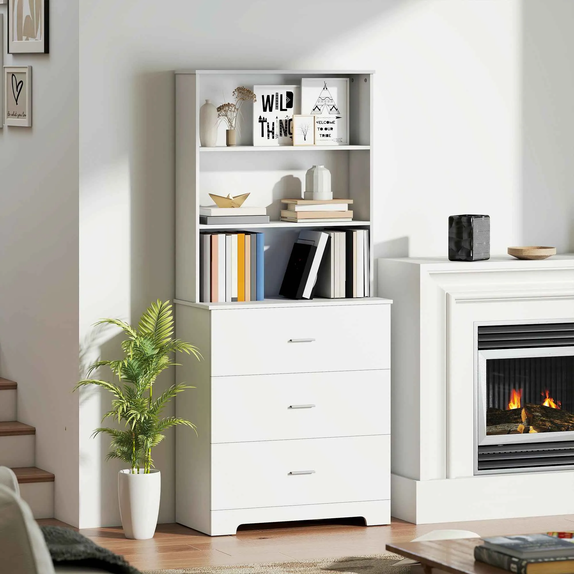 HOMCOM Wall-Mounted Bookcase with 3 Open Shelves and 3 Drawers, Wooden, 79x39.5x182.2 cm, White - Image 2