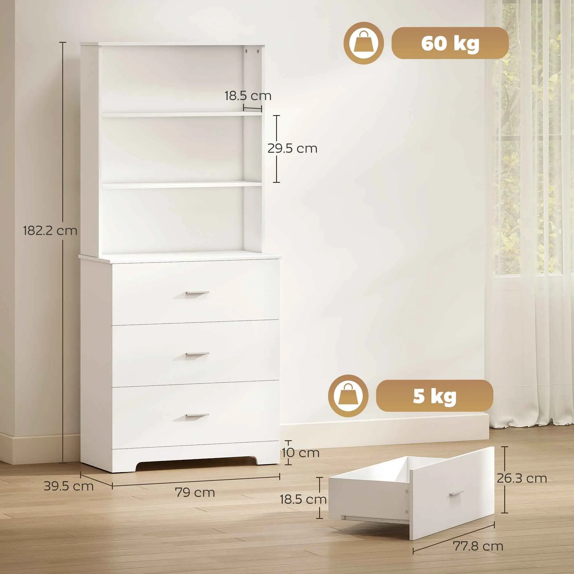 HOMCOM Wall-Mounted Bookcase with 3 Open Shelves and 3 Drawers, Wooden, 79x39.5x182.2 cm, White - Image 3