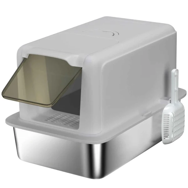 PawHut Enclosed Cat Litter Box with Steel Tray, Scoop and Filters, 40.5x60.5x41.5 cm, Grey and Silver