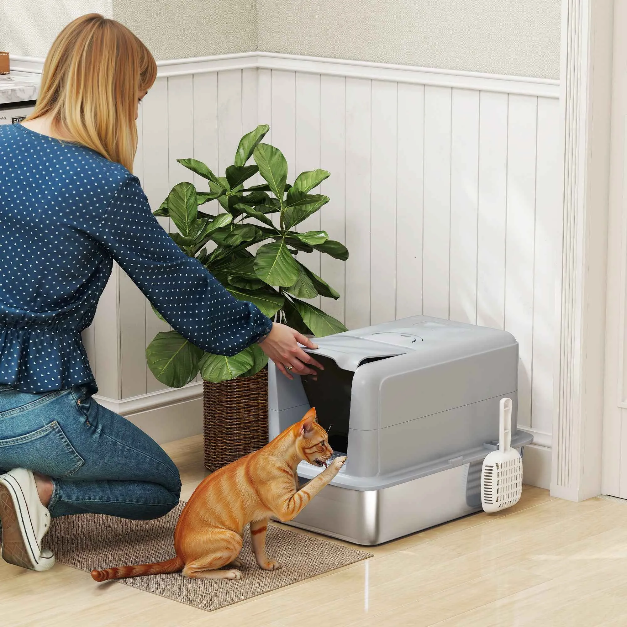 PawHut Enclosed Cat Litter Box with Steel Tray, Scoop and Filters, 40.5x60.5x41.5 cm, Grey and Silver - Image 2