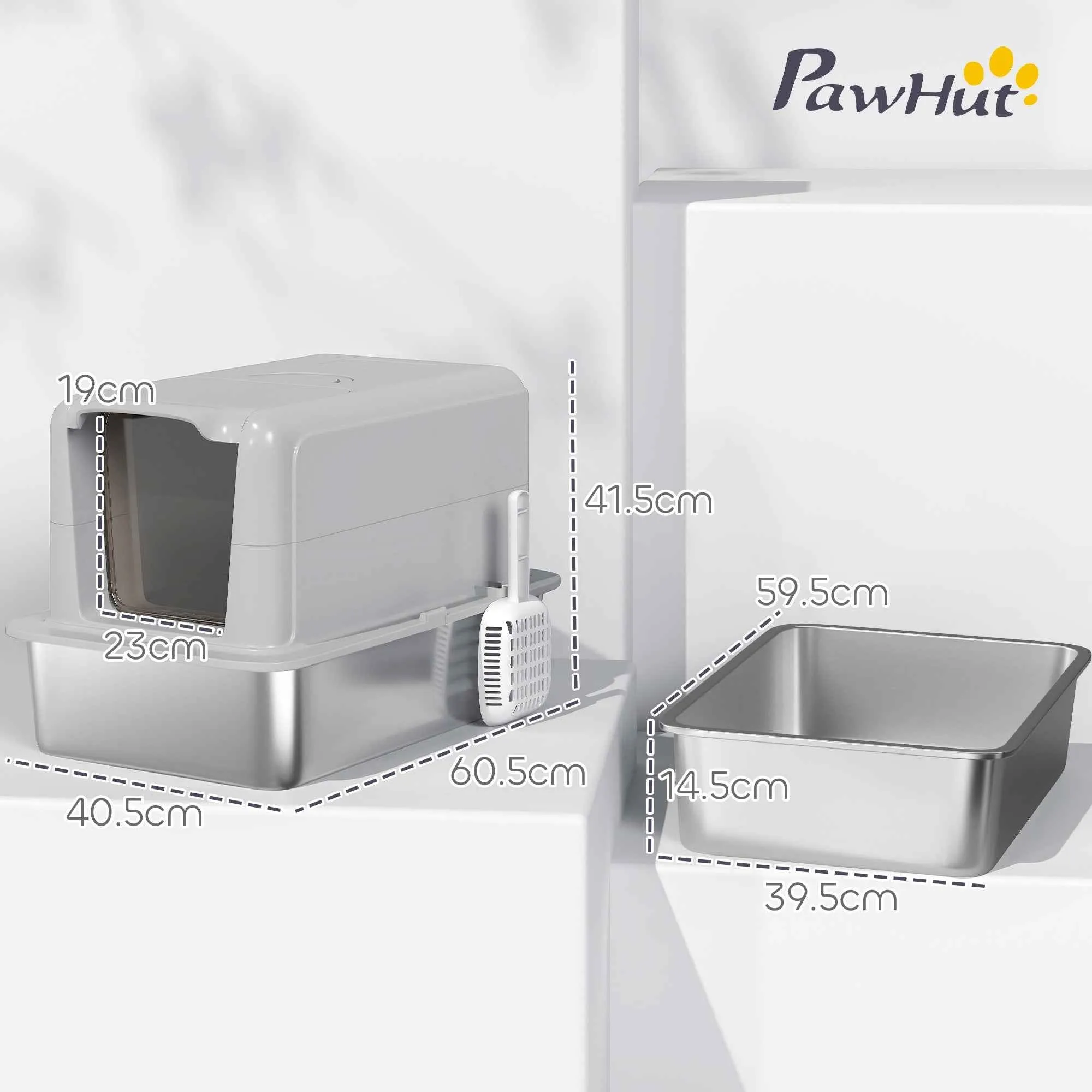 PawHut Enclosed Cat Litter Box with Steel Tray, Scoop and Filters, 40.5x60.5x41.5 cm, Grey and Silver - Image 3