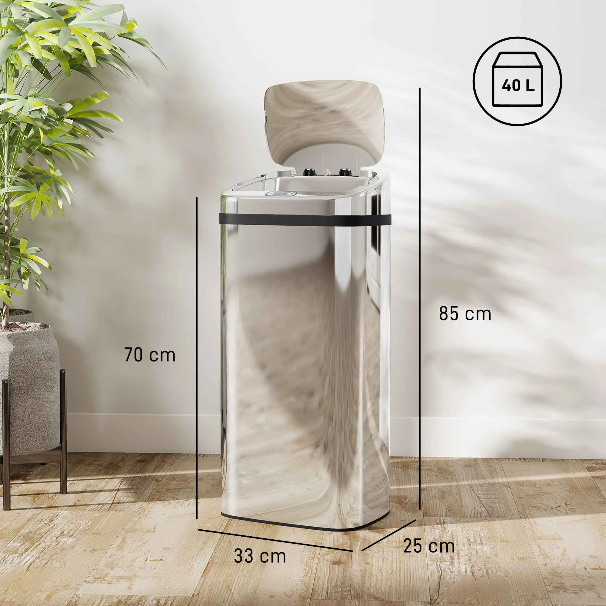 HOMCOM 40L Waste Bin with Sensor for Automatic Opening and Closing, 33x25x70 cm, Silver - Image 3
