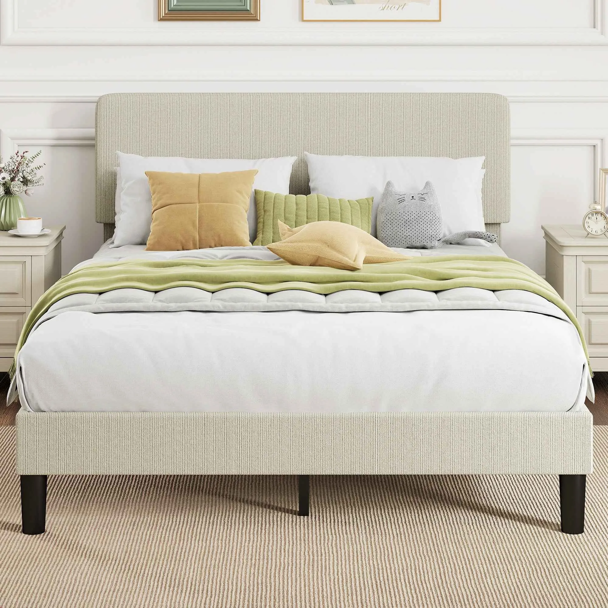 HOMCOM 140x200cm Bed Frame with Height-Adjustable Padded Headboard and Slats, Corduroy, Grey - Image 2