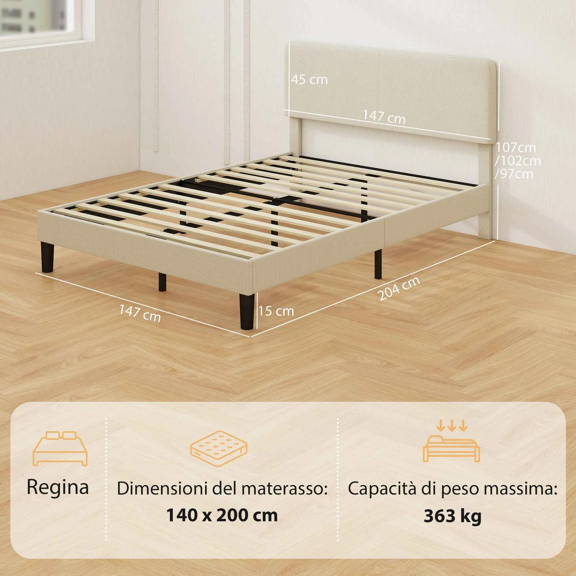 HOMCOM 140x200cm Bed Frame with Height-Adjustable Padded Headboard and Slats, Corduroy, Grey - Image 3
