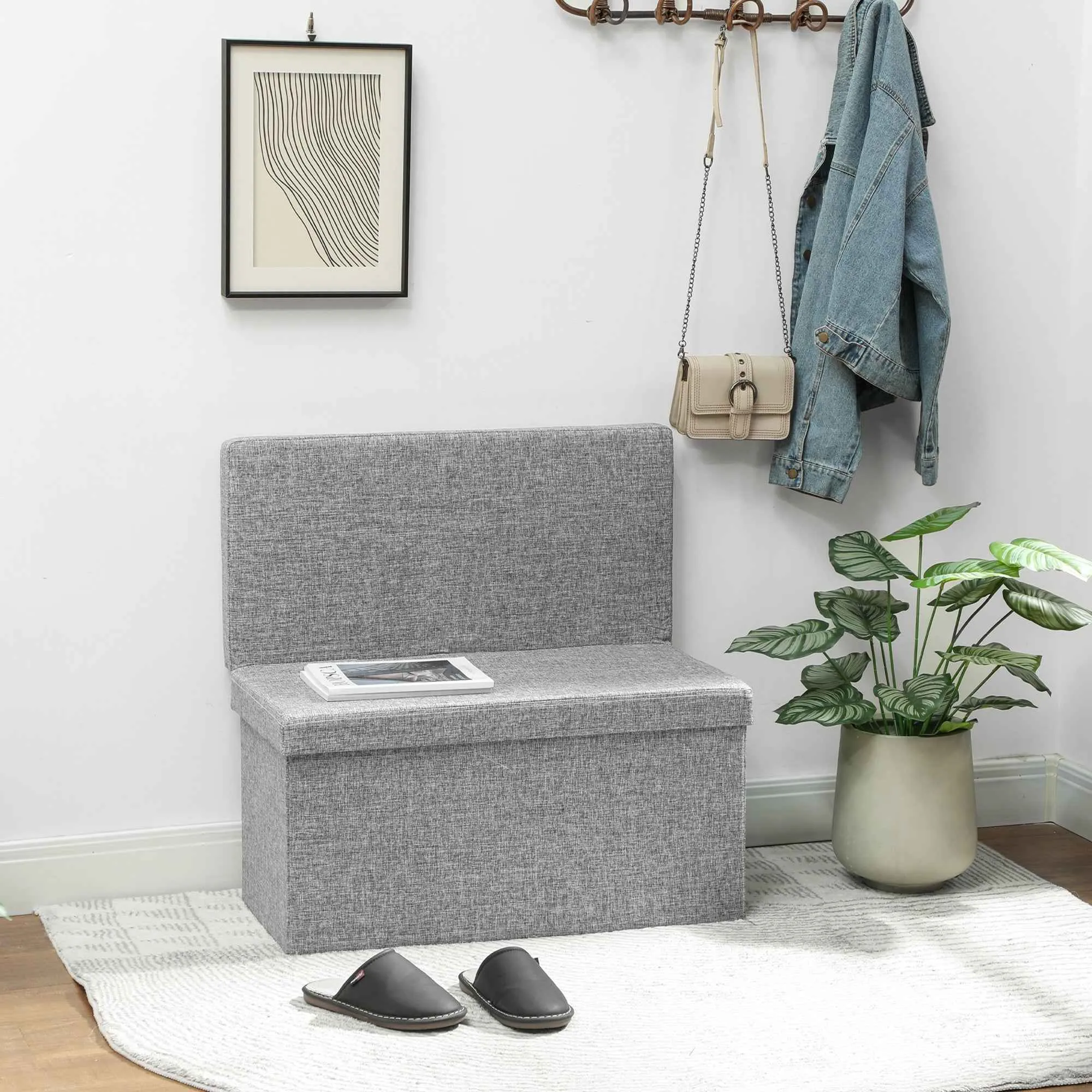 HOMCOM Folding Storage Bench with Backrest and 77L Storage Compartment, Fabric Upholstery, 76x50x73 cm, Grey - Image 2
