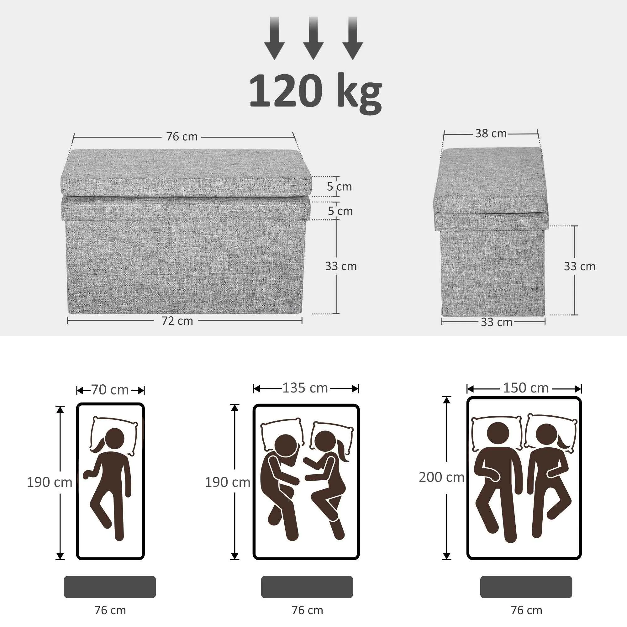 HOMCOM Folding Storage Bench with Backrest and 77L Storage Compartment, Fabric Upholstery, 76x50x73 cm, Grey - Image 3