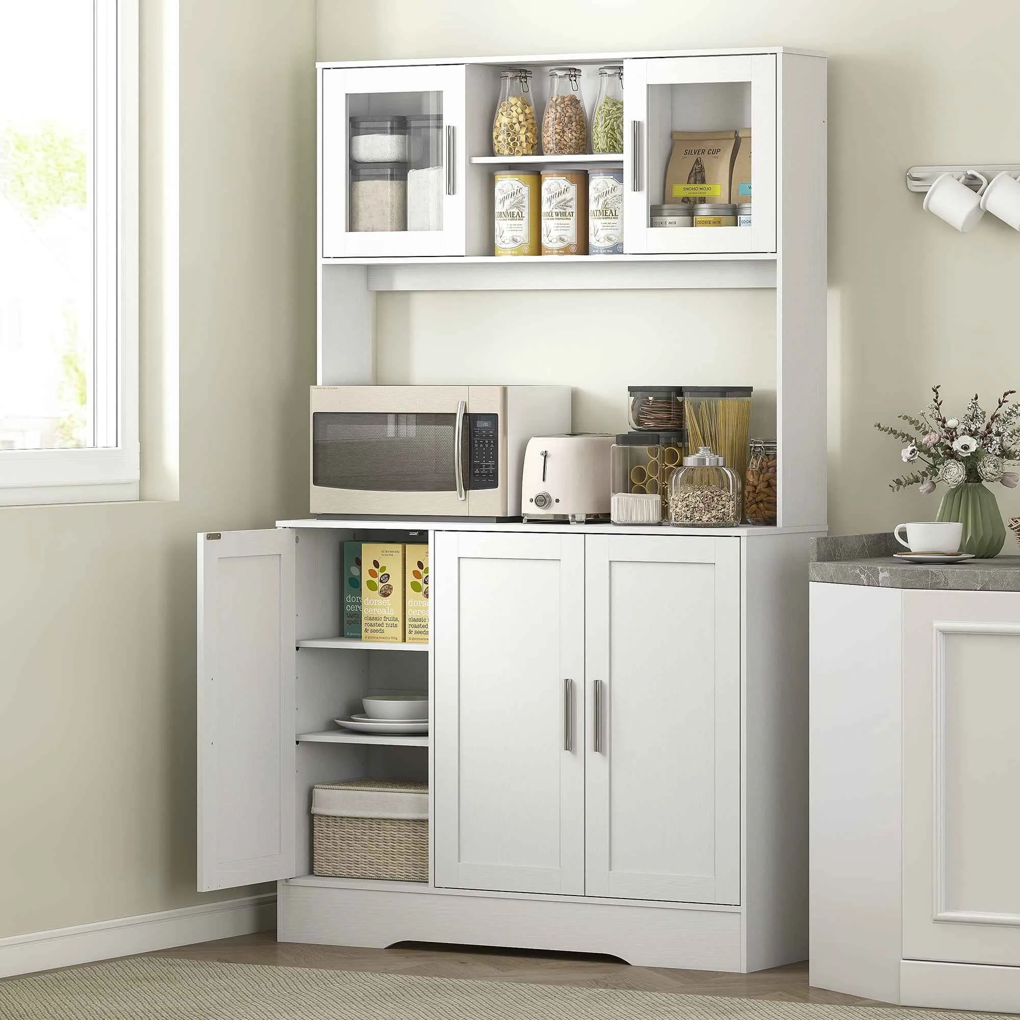 HOMCOM 4-Cup Pantry Unit with 2 Open Shelves and Worktop, Wood and Glass, 108x35x180 cm, White - Image 2